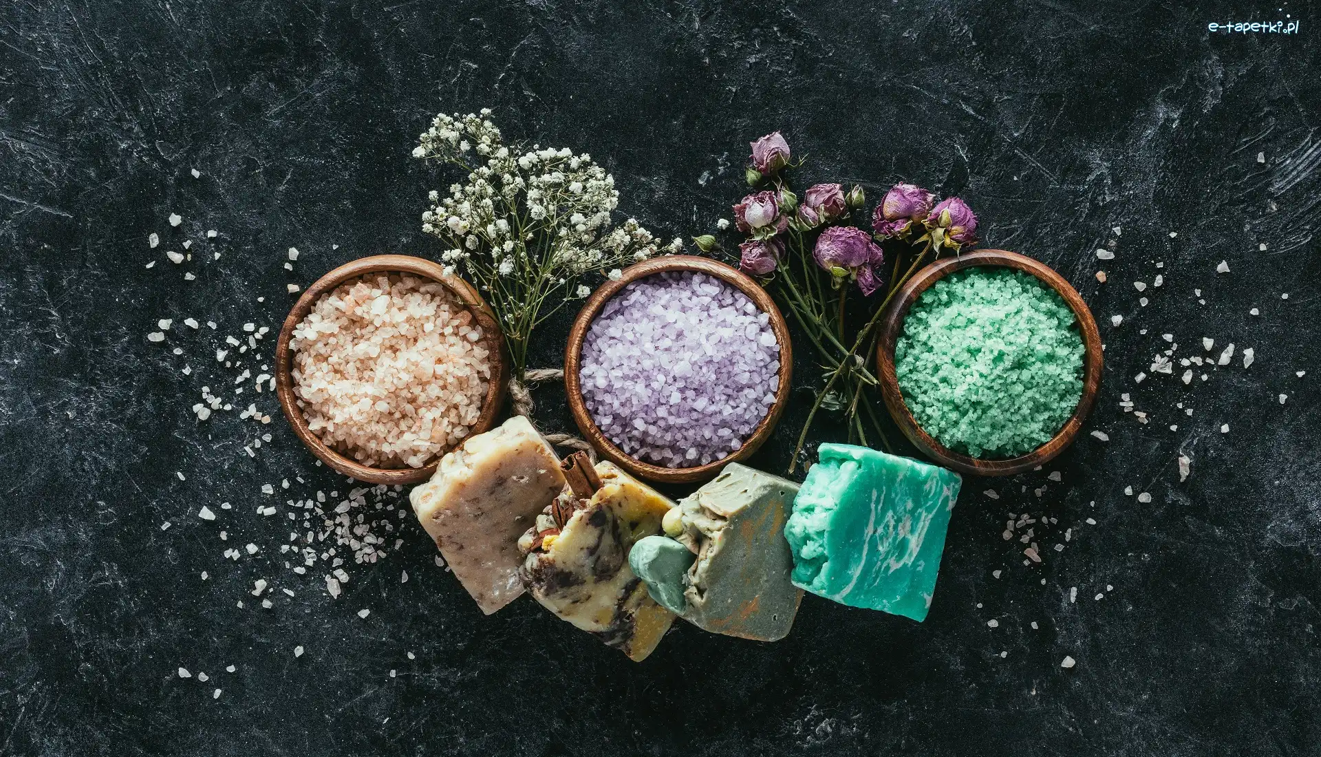 Sól, Mydła, Róże, Gipsówka, Miseczki, Suche, Kwiaty, SPA