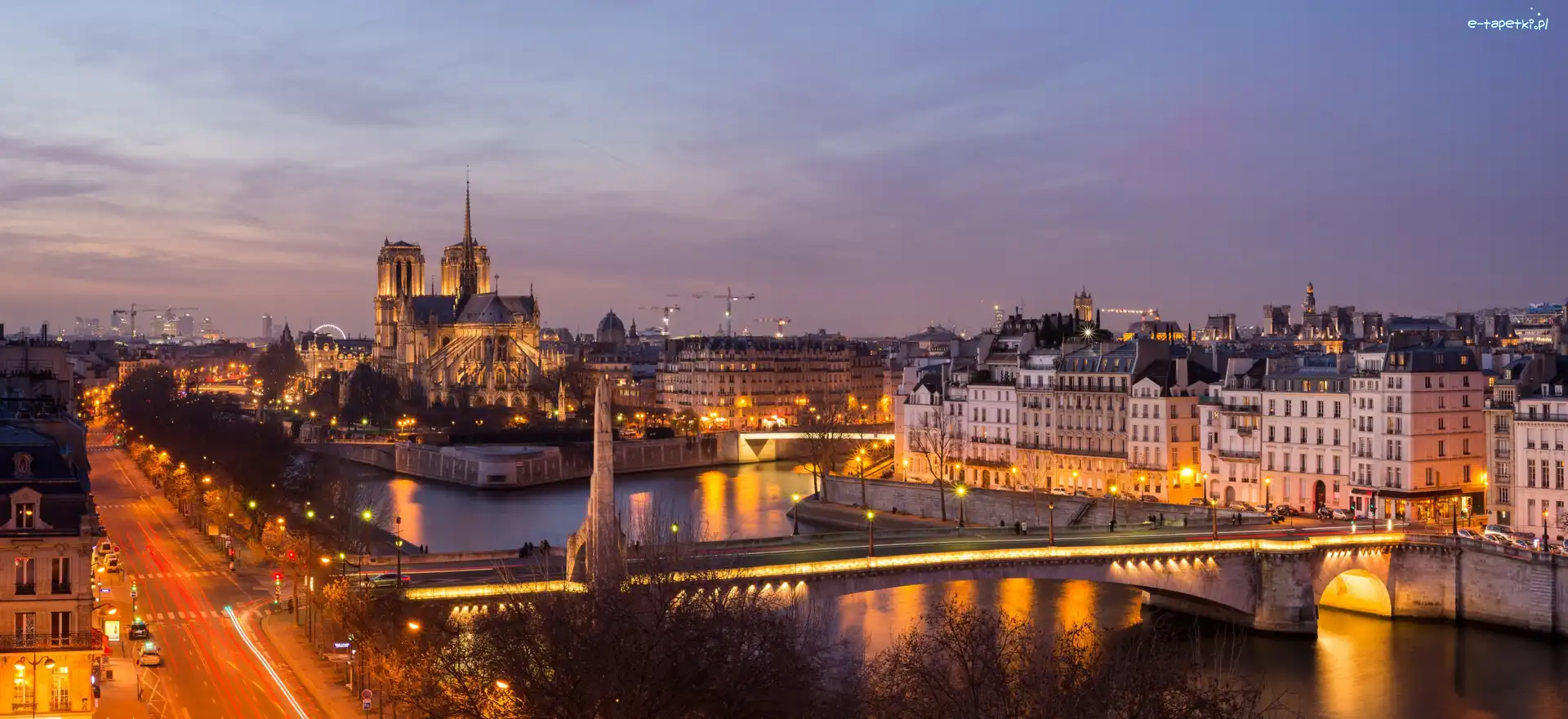 Francja, Rzeka Sekwana, Domy, Katedra Notre-Dame, Most, Paryż, Świt