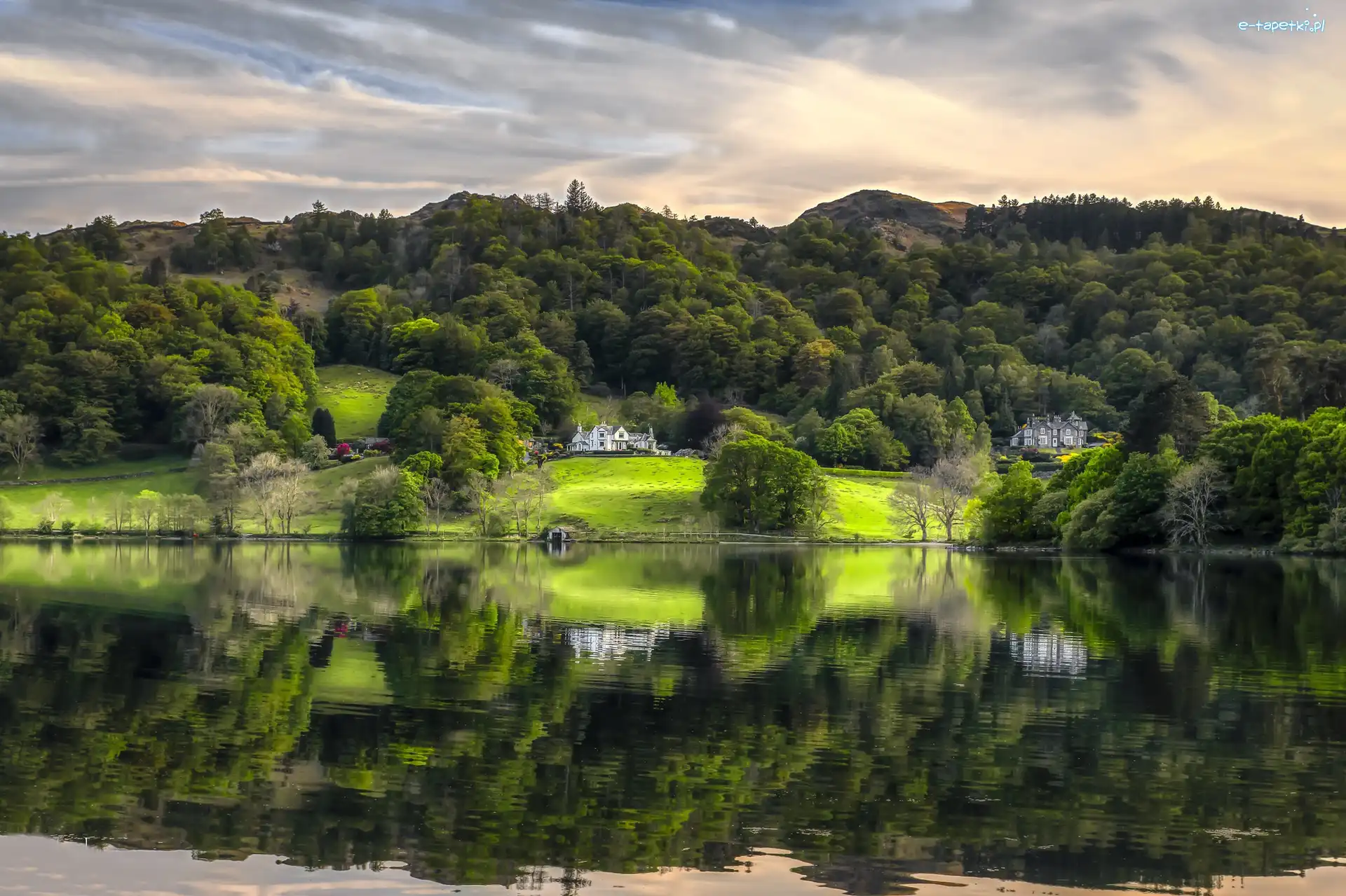 Kumbria, Wzgórza, Domy, Anglia, Drzewa, Jezioro Grasmere