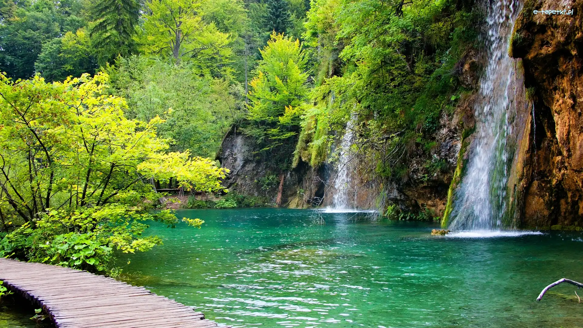 Park Narodowy Jezior Plitwickich, Wodospady, Pomost, Jezioro, Chorwacja, Roślinność, Drzewa