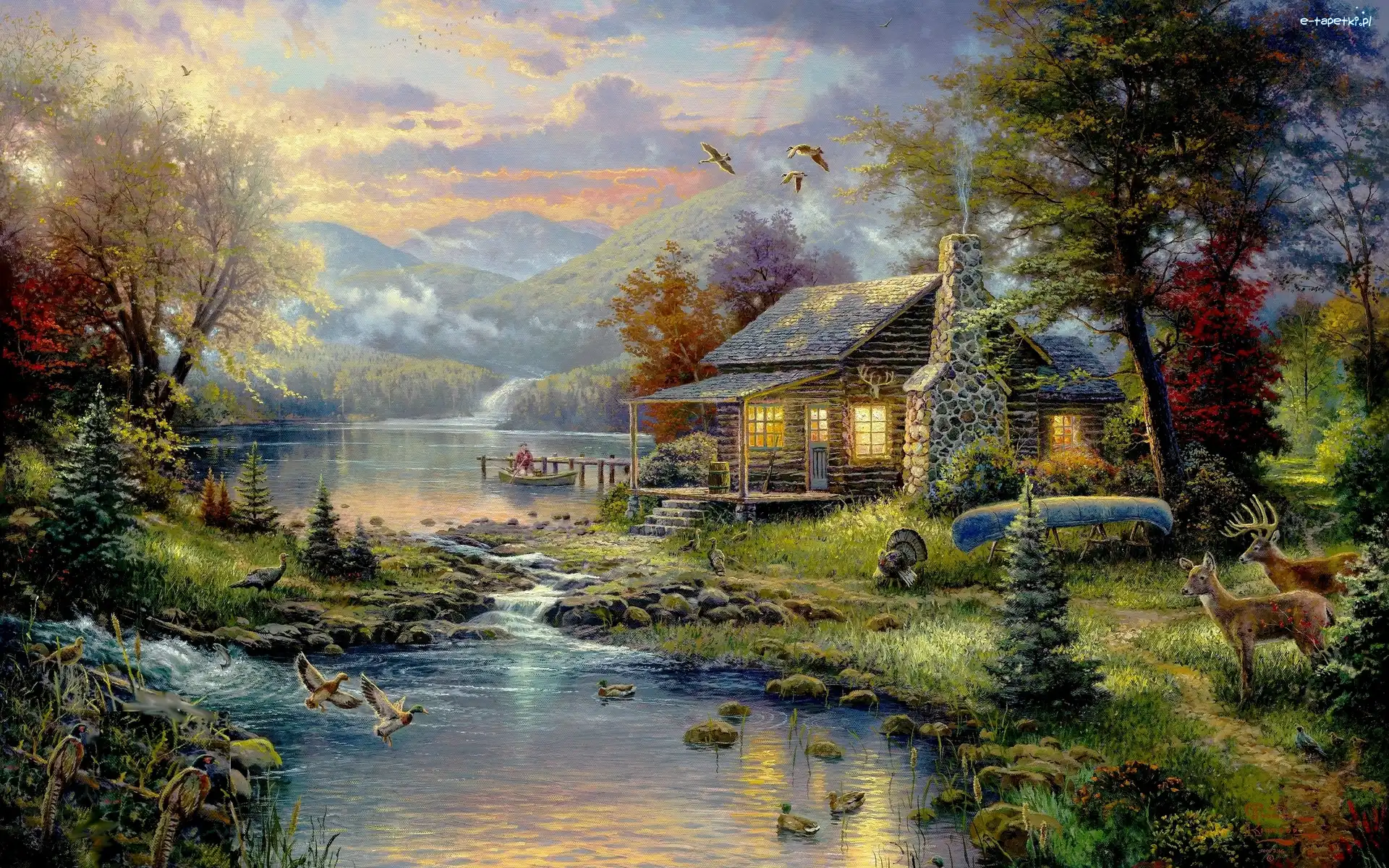 Sarna, Domek, Jezioro, Thomas Kinkade, Malarstwo, Góry, Rzeka