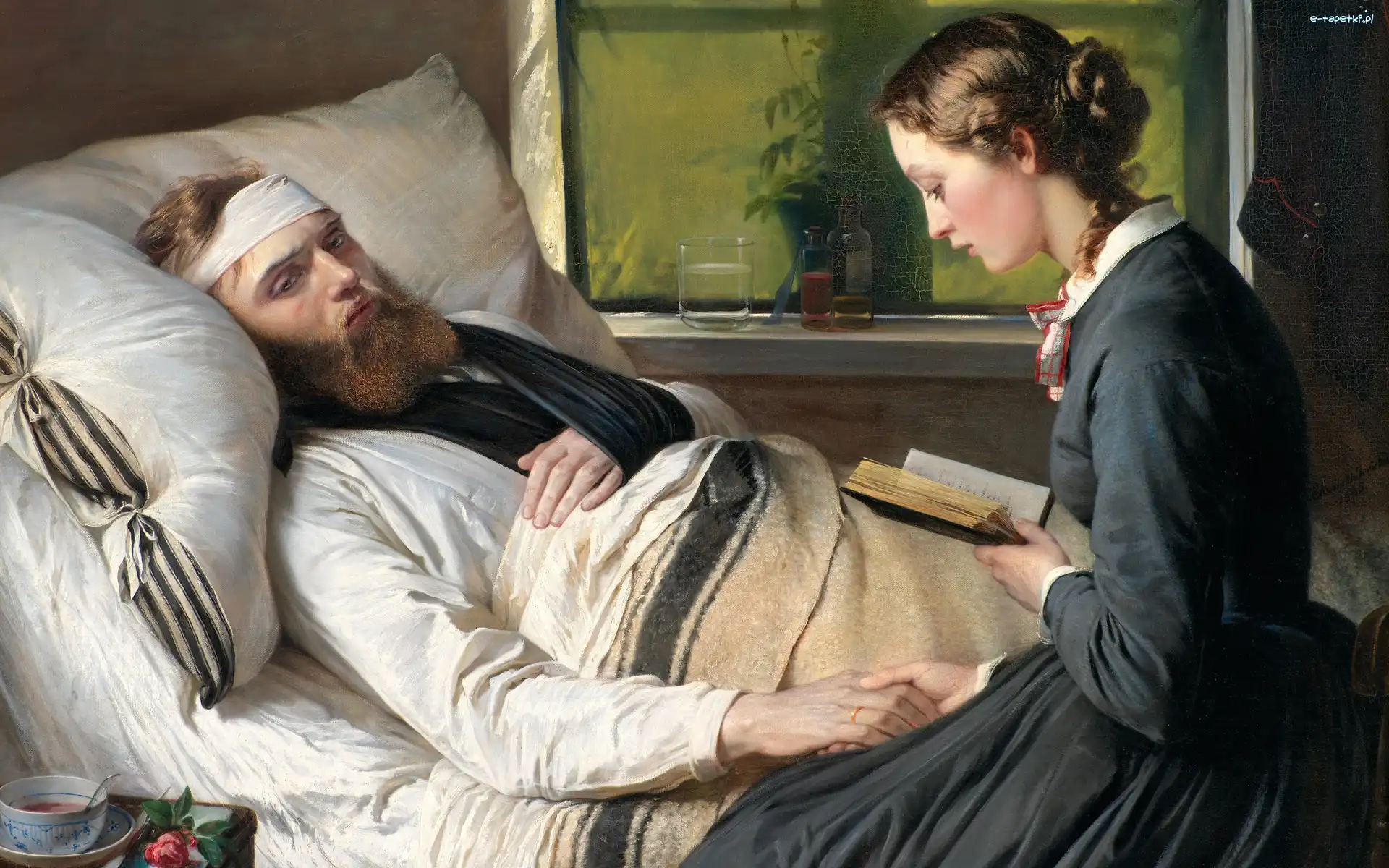 Elisabeth Jerichau-Baumann, Kobieta, Książka, Malarstwo, Mężczyzna, Choroba, Obraz, Czytająca, Ranny, Łóżko