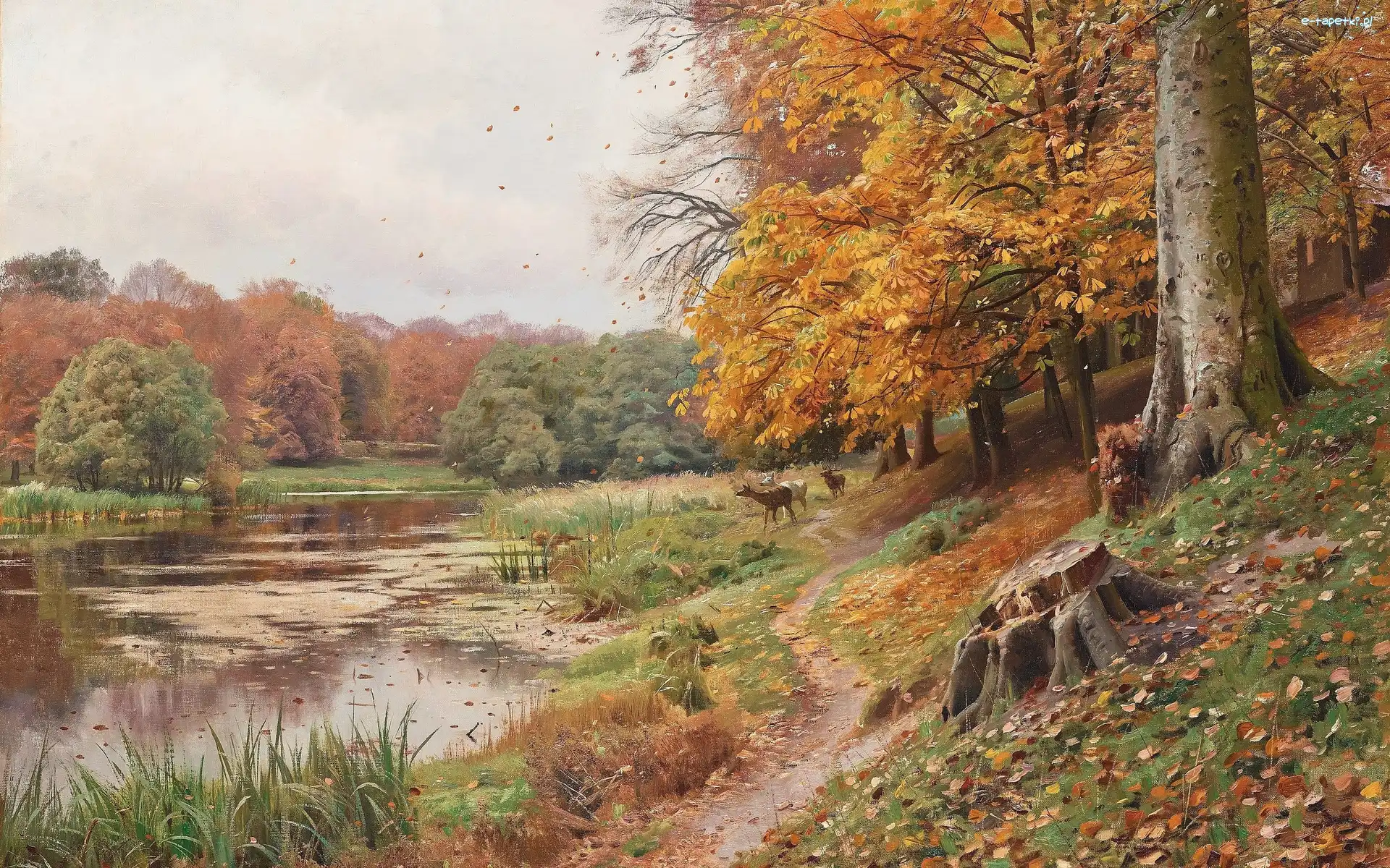 Drzewa, Las, Sarny, Pejzaż, Obraz, Malarstwo, Peder Mork Monsted, Jesień, Jezioro, Ścieżka