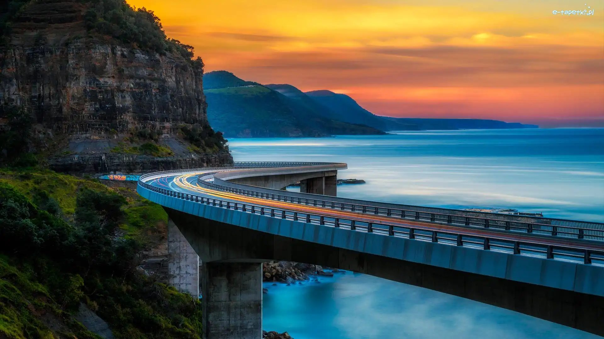Morze, Zachód słońca, Australia, Nowa Południowa Walia, Góry, Ocean, Klif, Most Sea Cliff Bridge