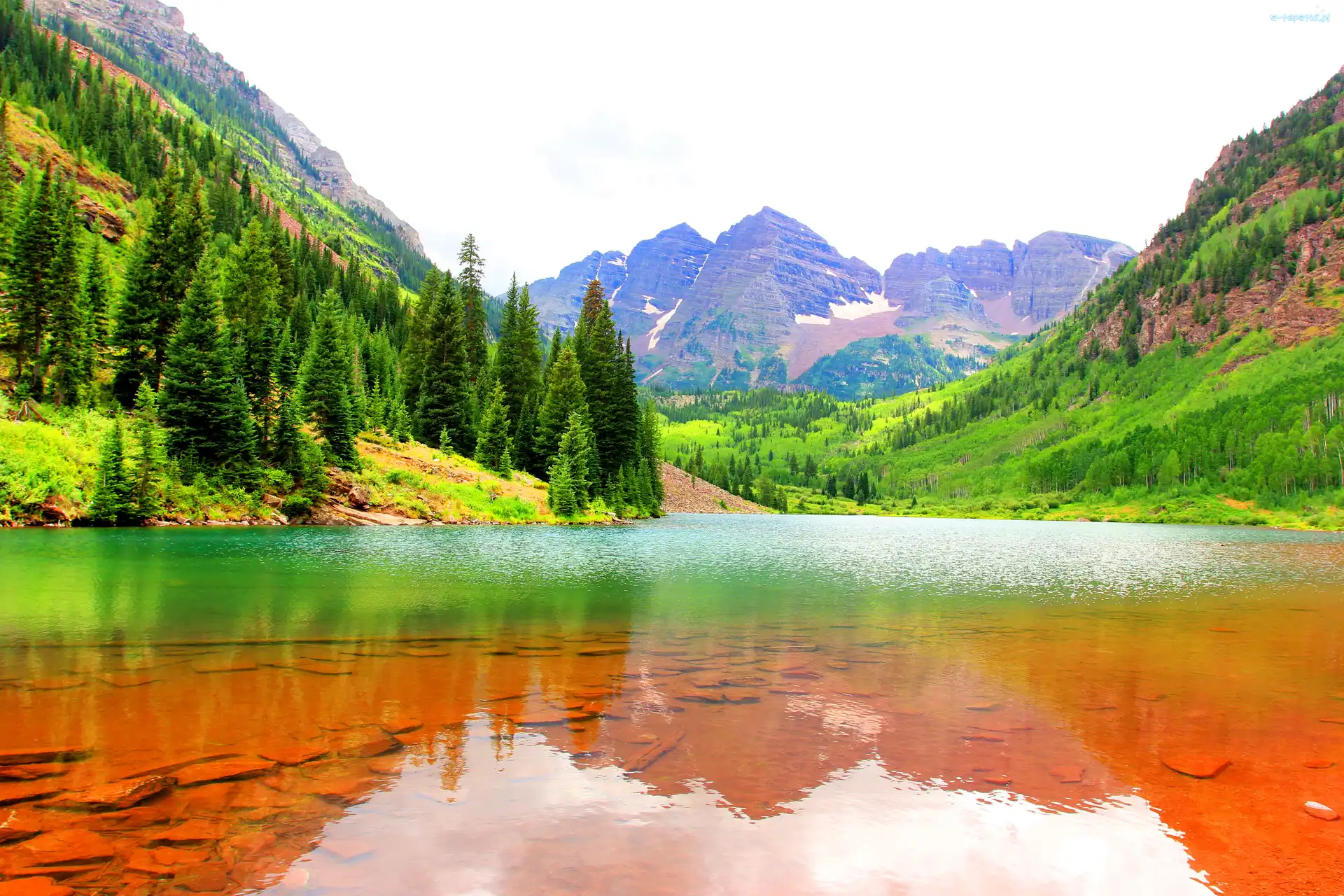 Kolorado, Jezioro Maroon Lake, Drzewa, Stany Zjednoczone, Szczyty Maroon Bells, Góry Skaliste