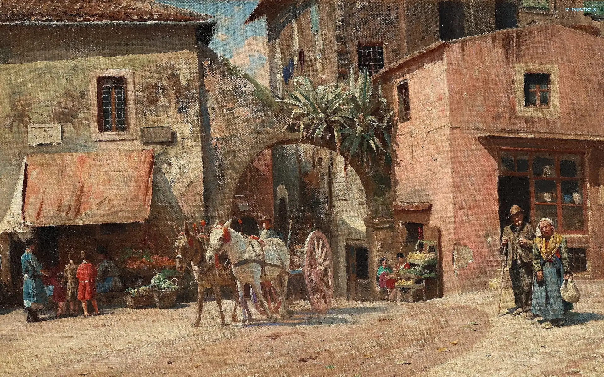 Przechodnie, Peder Mork Monsted, Miasteczko Tivoli, Malarstwo, Obraz, Zaprzęg, Droga