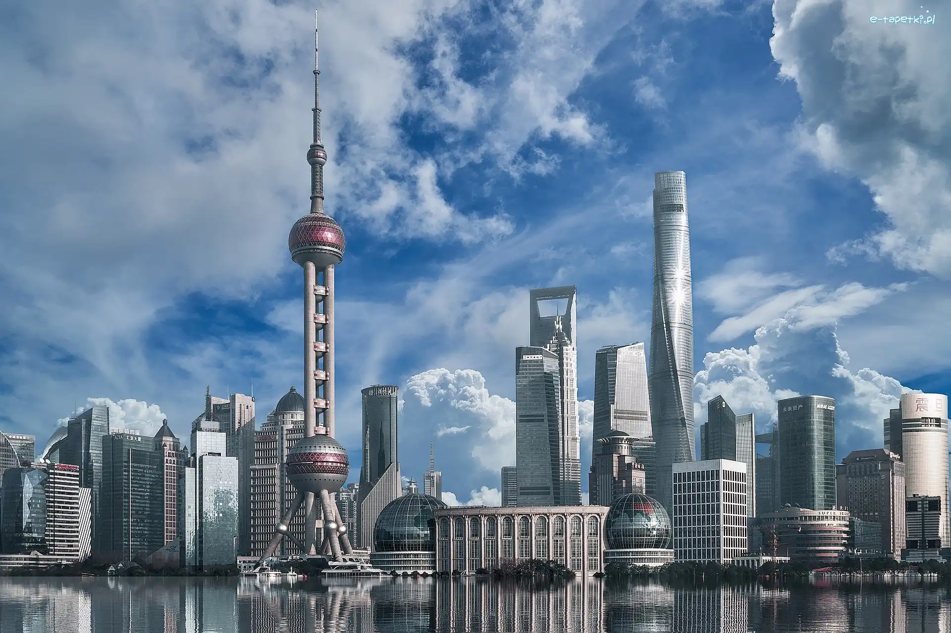 Wieża Oriental Pearl Tower, Odbicie, Wieżowce, Szanghaj, Budynki, Chiny, Dzielnica Pudong