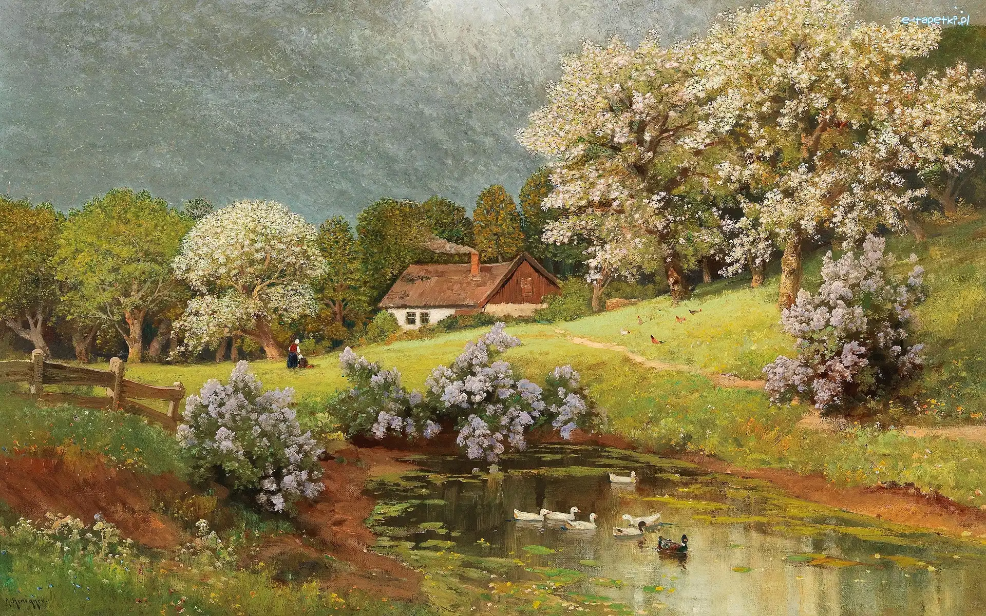 Wiosna, Malarstwo, Alois Arnegger, Dom, Krzewy, Bzy, Wieś, Drzewa, Kaczki, Kury, Staw, Obraz