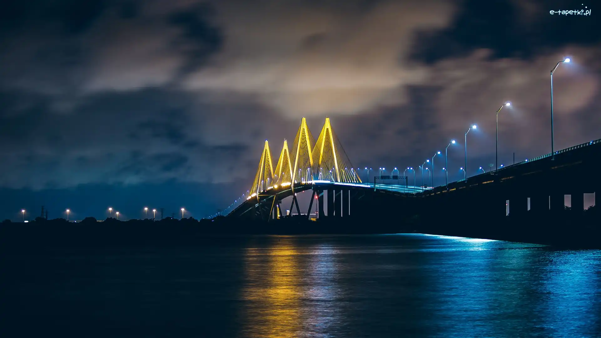 Noc, Rzeka, Stany Zjednoczone, Teksas, Kanał Houston Ship Channel, Latarnie, Baytown, Most Fred Hartman Bridge