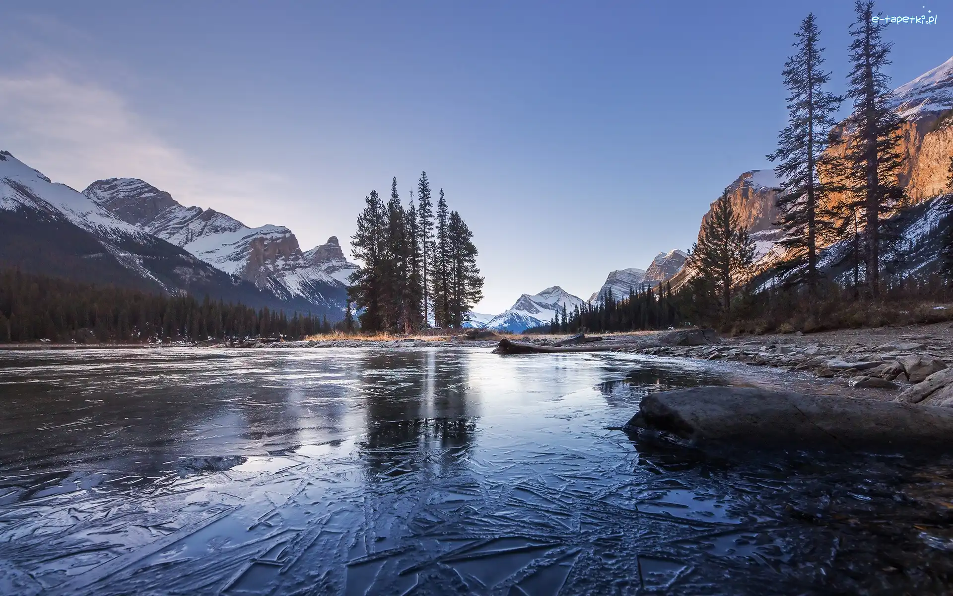 Drzewa, Park Narodowy Jasper, Góry, Prowincja Alberta, Kanada, Wyspa Ducha, Jezioro Maligne