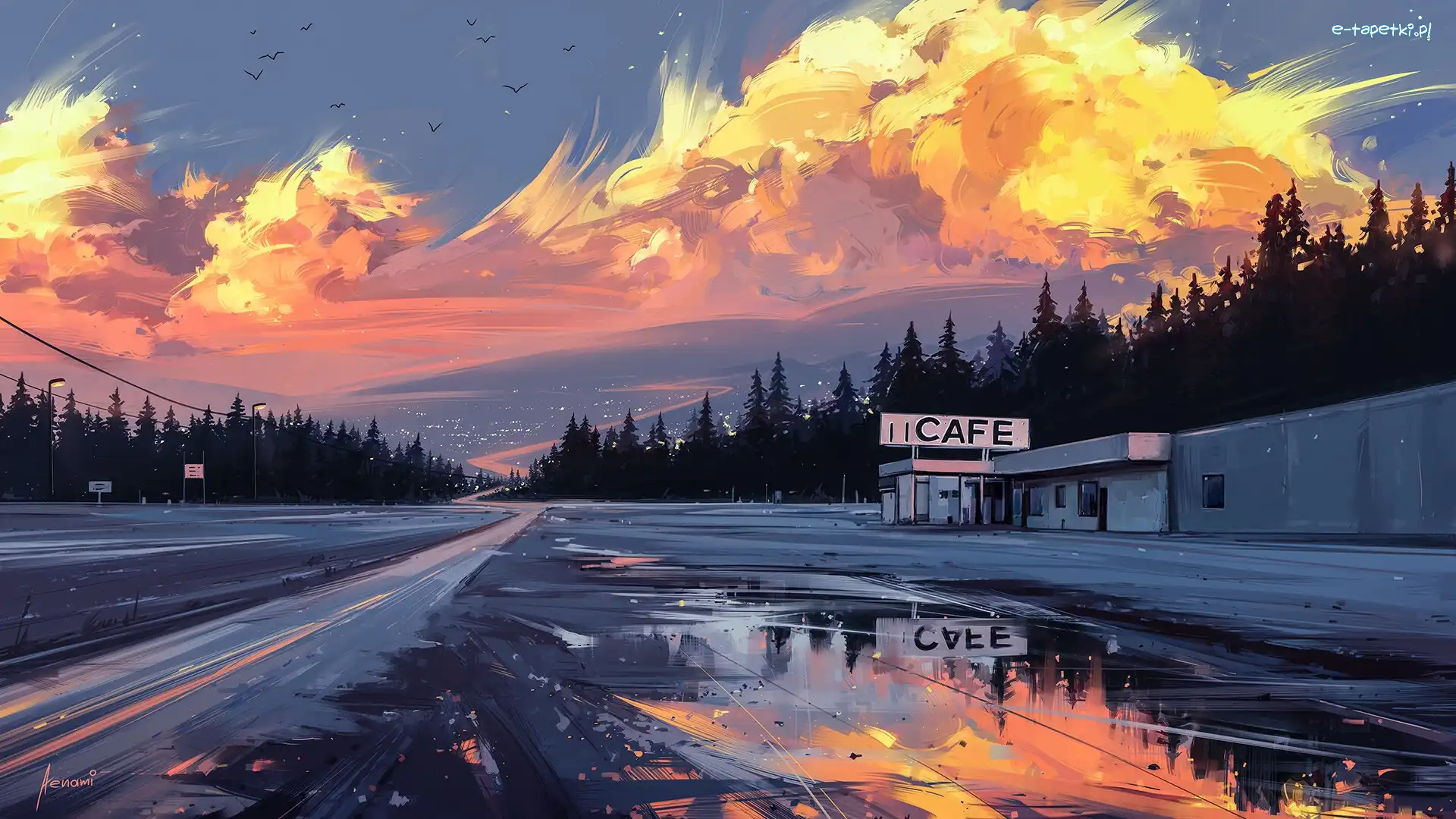 Droga, Drzewa, Chmury, Paint, Cafe bar