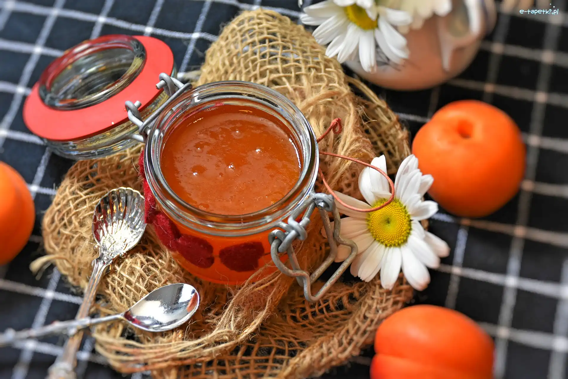 Łyżeczki, Morele, Serwetka, Obrus, Dżem, Słoik