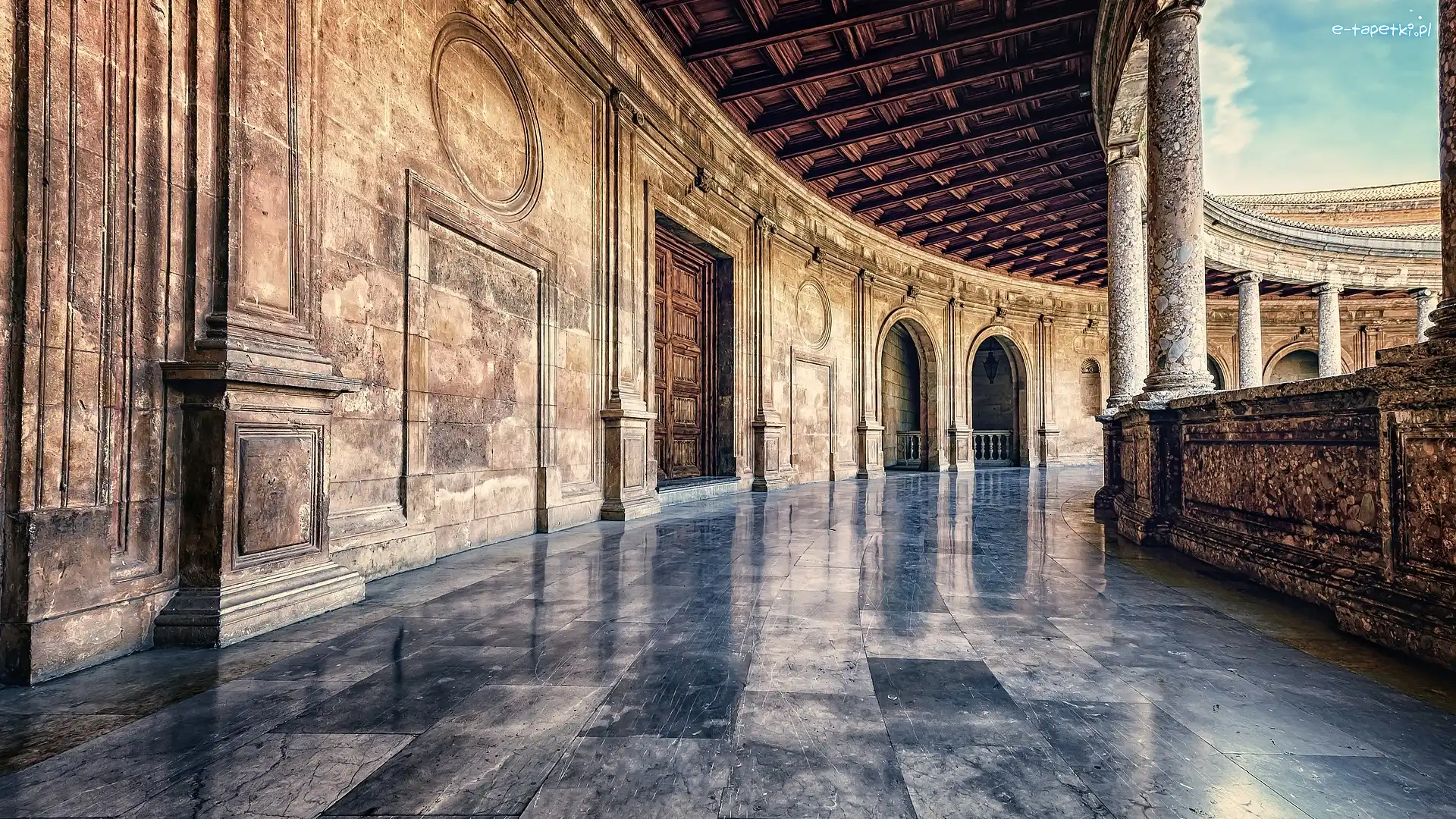 Hiszpania, Krużganek, Kolumny, Korytarz, Pałac Alhambra, Granada, Architektura