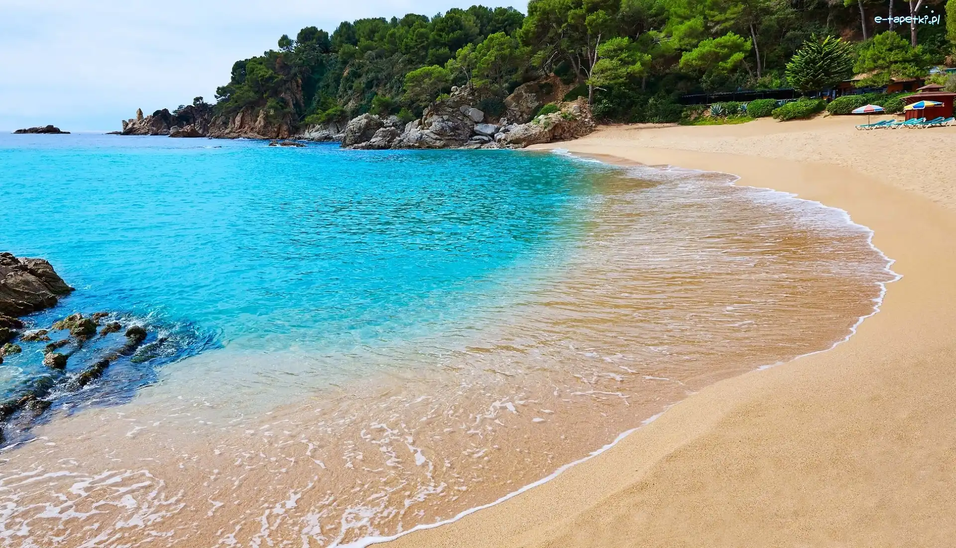 Prowincja Girona, Wakacje, Hiszpania, Costa Brava, Plaża Cala Treumal, Drzewa, Kamienie, Lloret de Mar, Morze, Katalonia