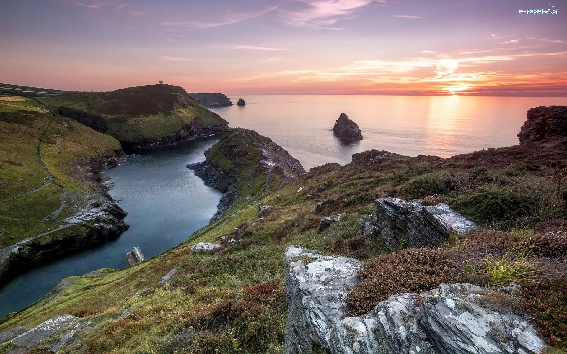 Anglia, Skały, Zachód słońca, Morze Celtyckie, Boscastle, Kornwalia, Roślinność