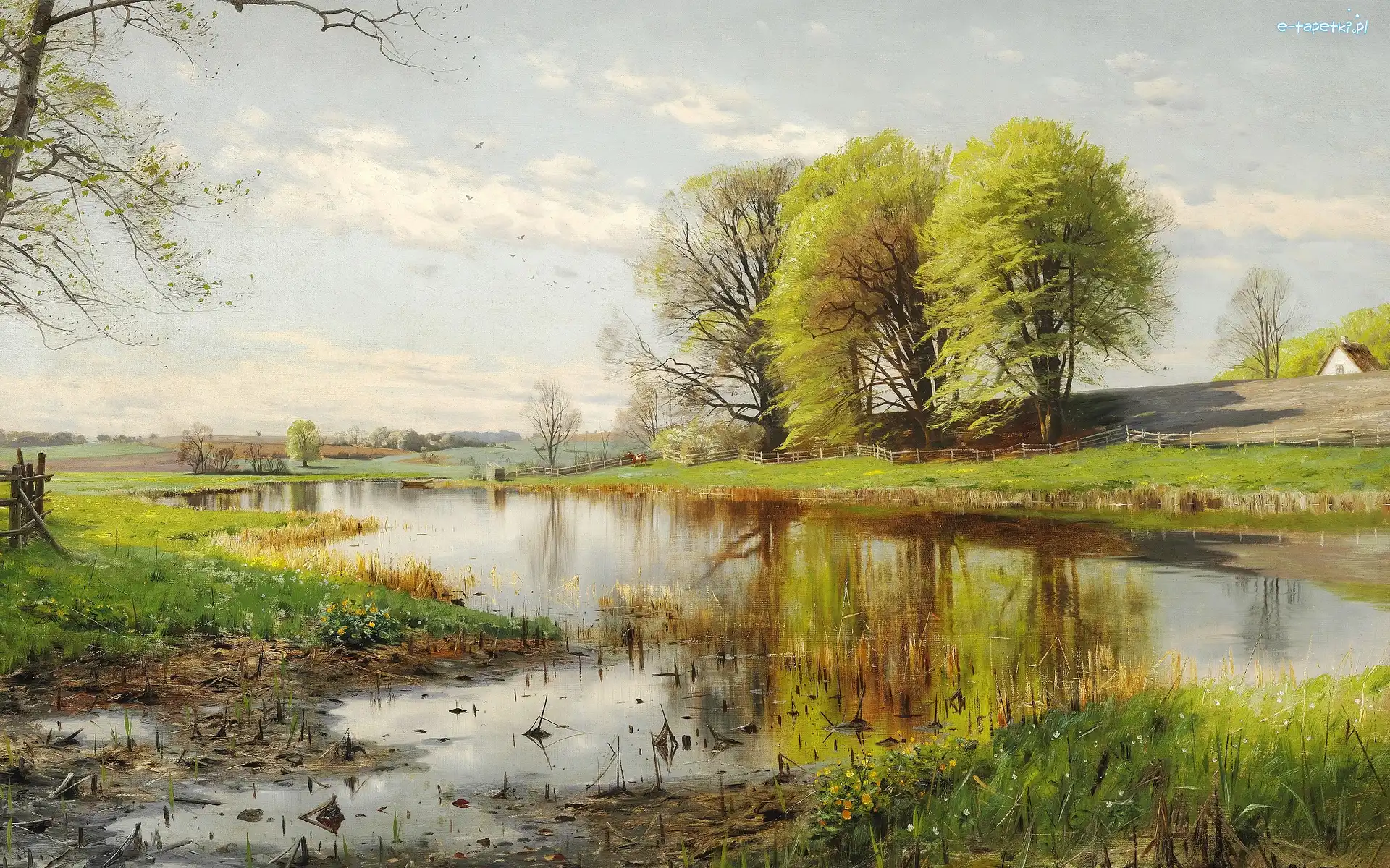 Drzewa, Wieś, Obraz, Pejzaż, Ogrodzenie, Peder Mork Monsted, Wiosna, Staw, Malarstwo, Dom, Łódka, Kwiaty, Krowa