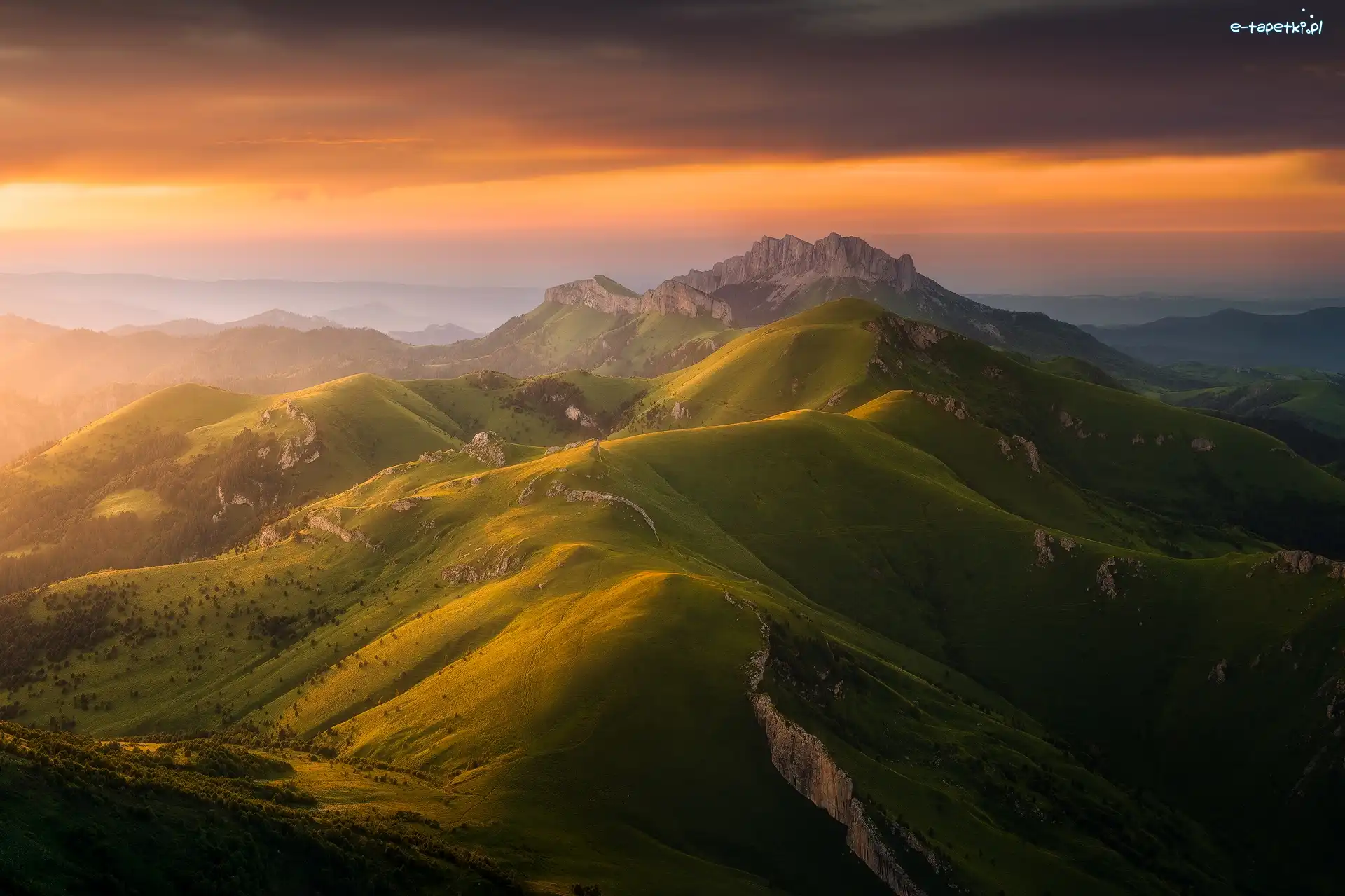 Zielone, Zachód słońca, Wzgórza, Góry