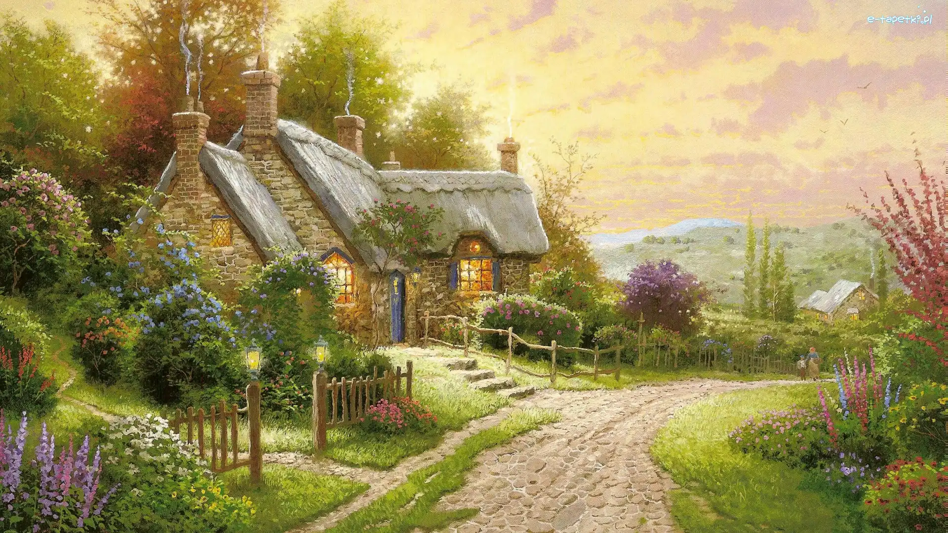 Malarstwo, Kwiaty, Drzewa, Thomas Kinkade, Wieś, Dom