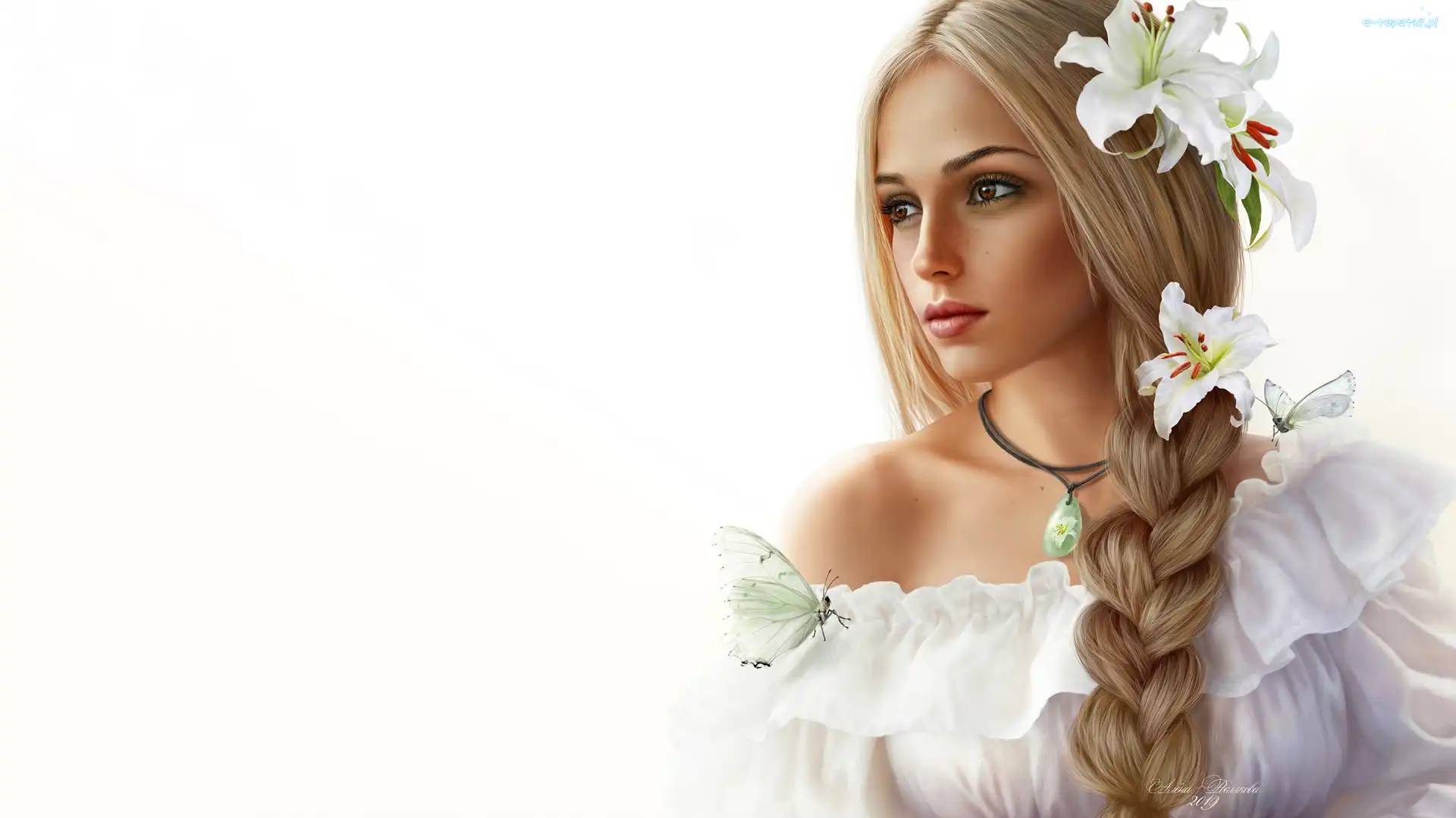 Bluzka, Blondynka, Wisiorek, Portret, Białe, Dziewczyna, Lilie, Biała, Warkocz, Zamyślona, Motyle, Grafika, Tło, Białe