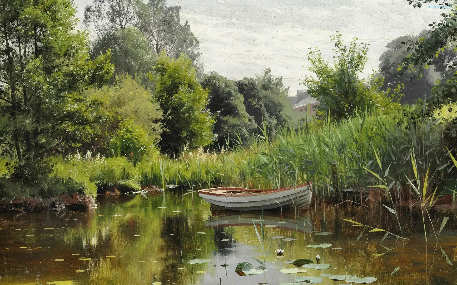 Szuwary, Peder Monsted, Drzewa, Obraz, Malarstwo, Łódka, Jezioro