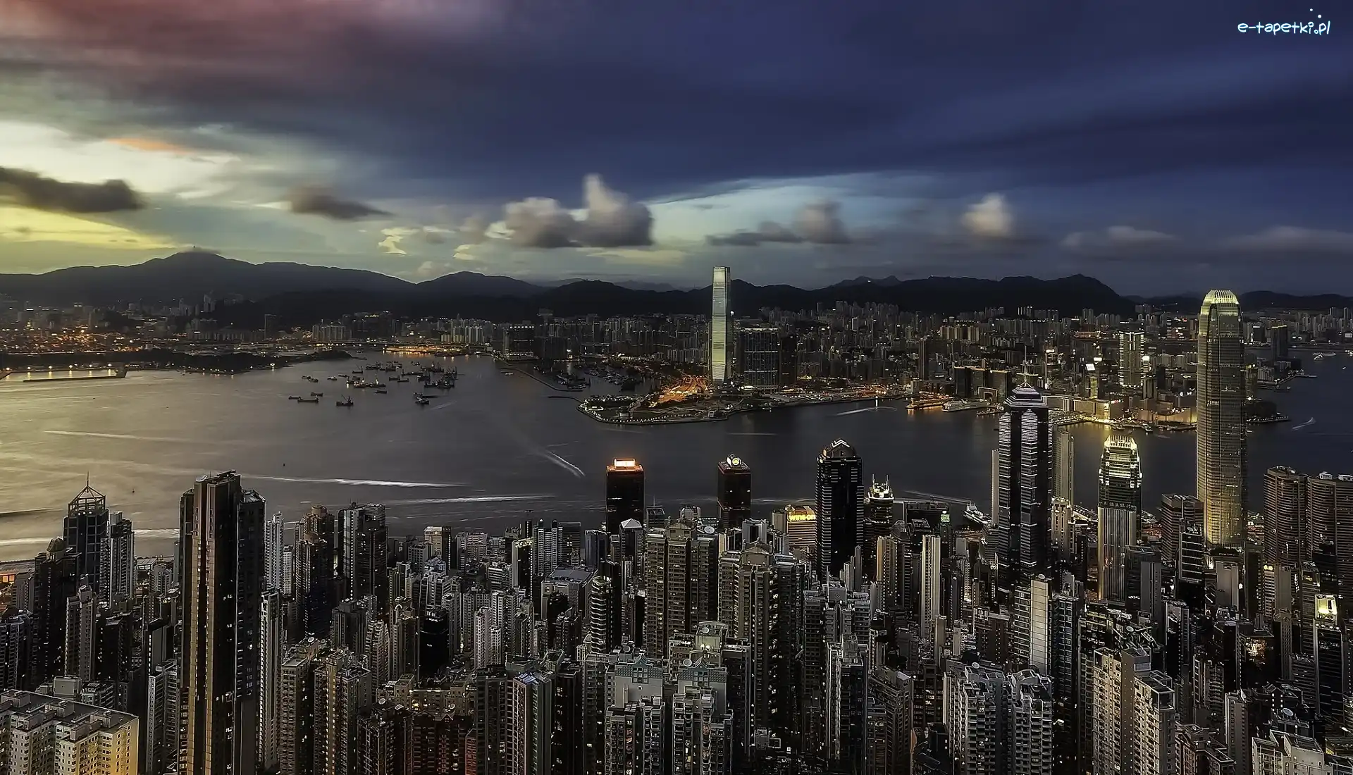 Miasto nocą, Wzgórze Wiktorii, Zatoka Wiktorii, Hongkong, Chiny, Drapacze chmur, Port Wiktorii