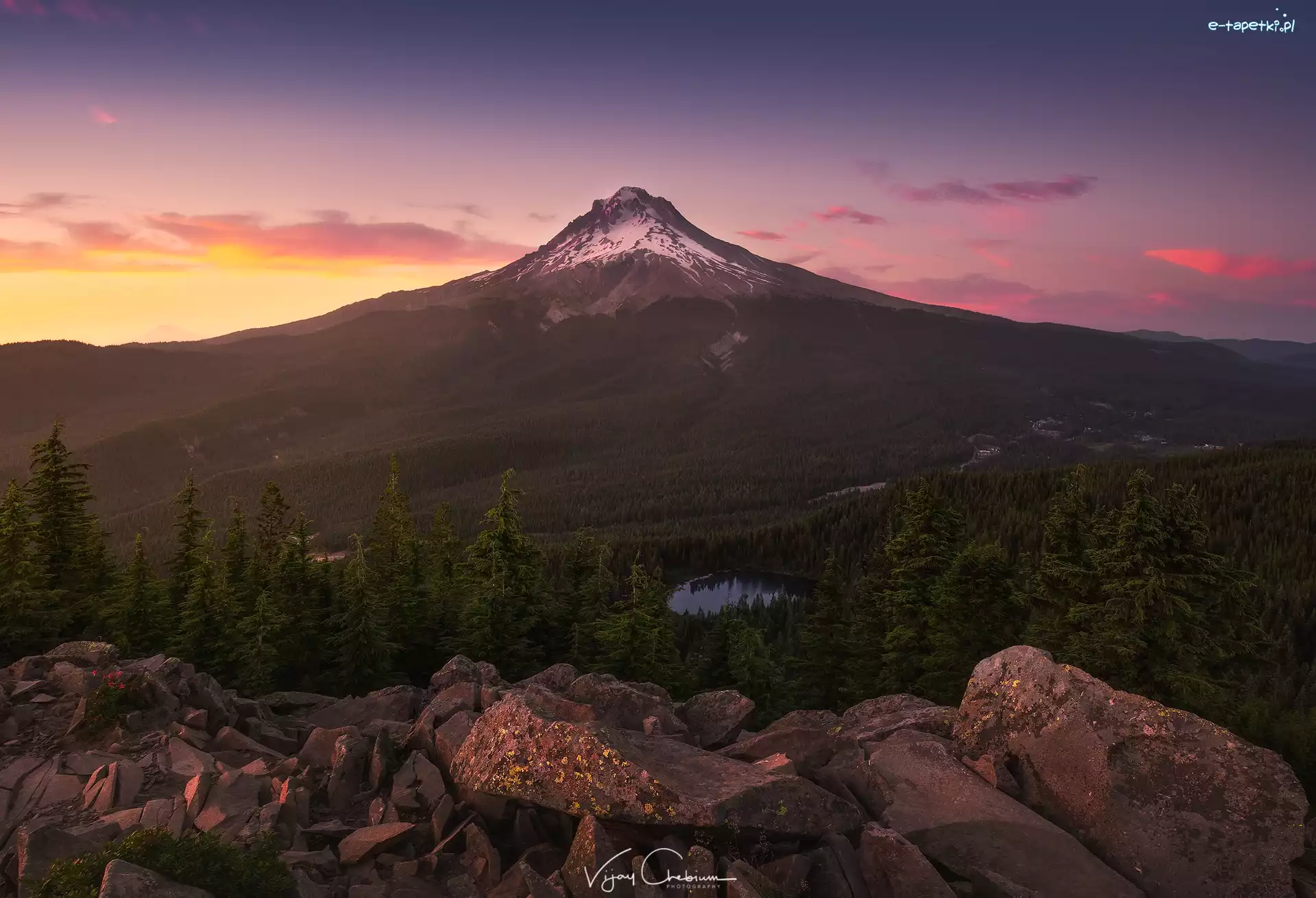 Las, Drzewa, Park Narodowy Mount Rainier, Góra Tolmie Peak, Góry Kaskadowe, Stany Zjednoczone, Stan Waszyngton, Jezioro, Skały