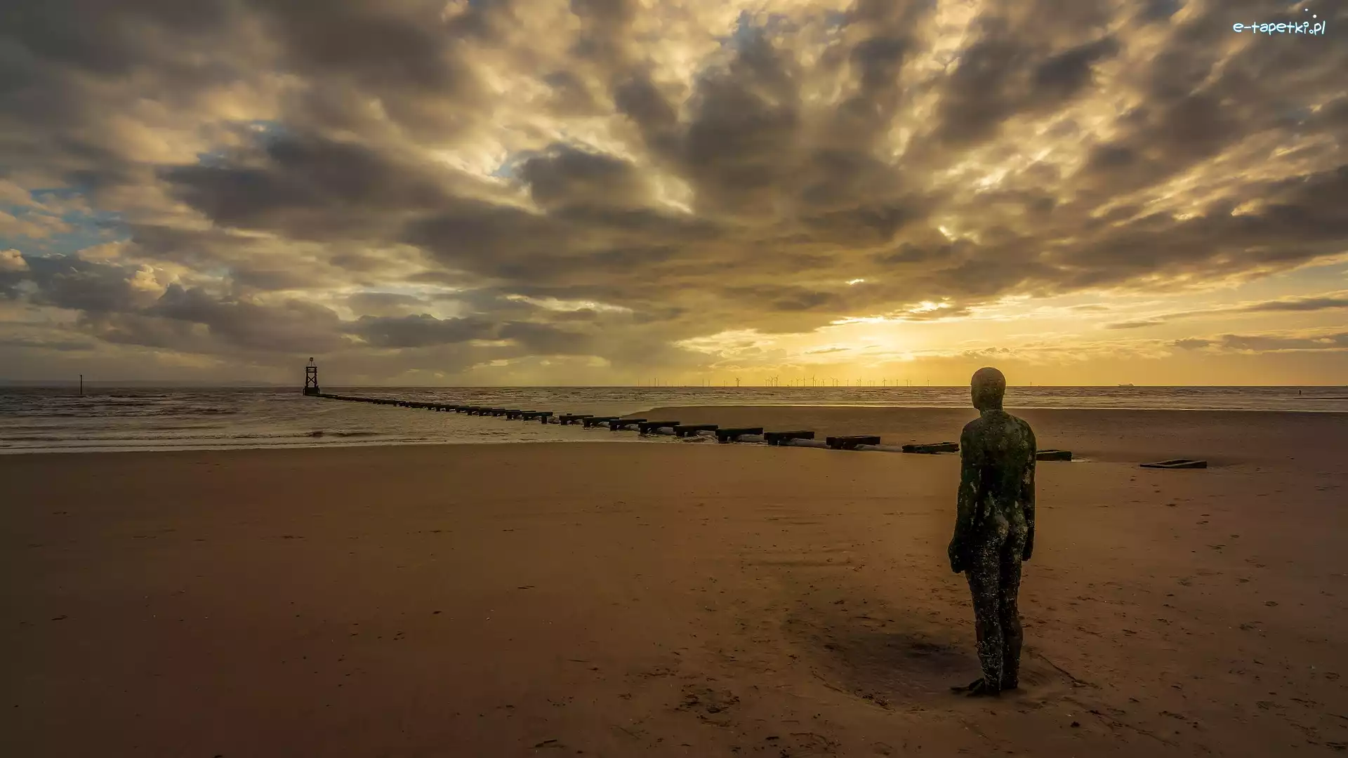 Anglia, Plaża Crosby Beach, Żeliwny, Rzeka Mersey, Zachód słońca, Liverpool, Posąg