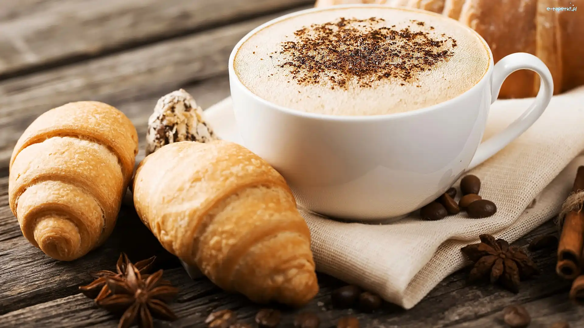 Ziarna, Filiżanka, Rogaliki, Cappuccino, Kawa, Ściereczka, Croissanty