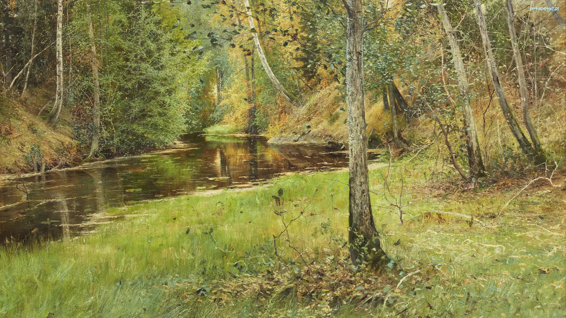 Anshelm Schultzberg, Drzewa, Trawa, Rzeka, Las, Obraz, Malarstwo