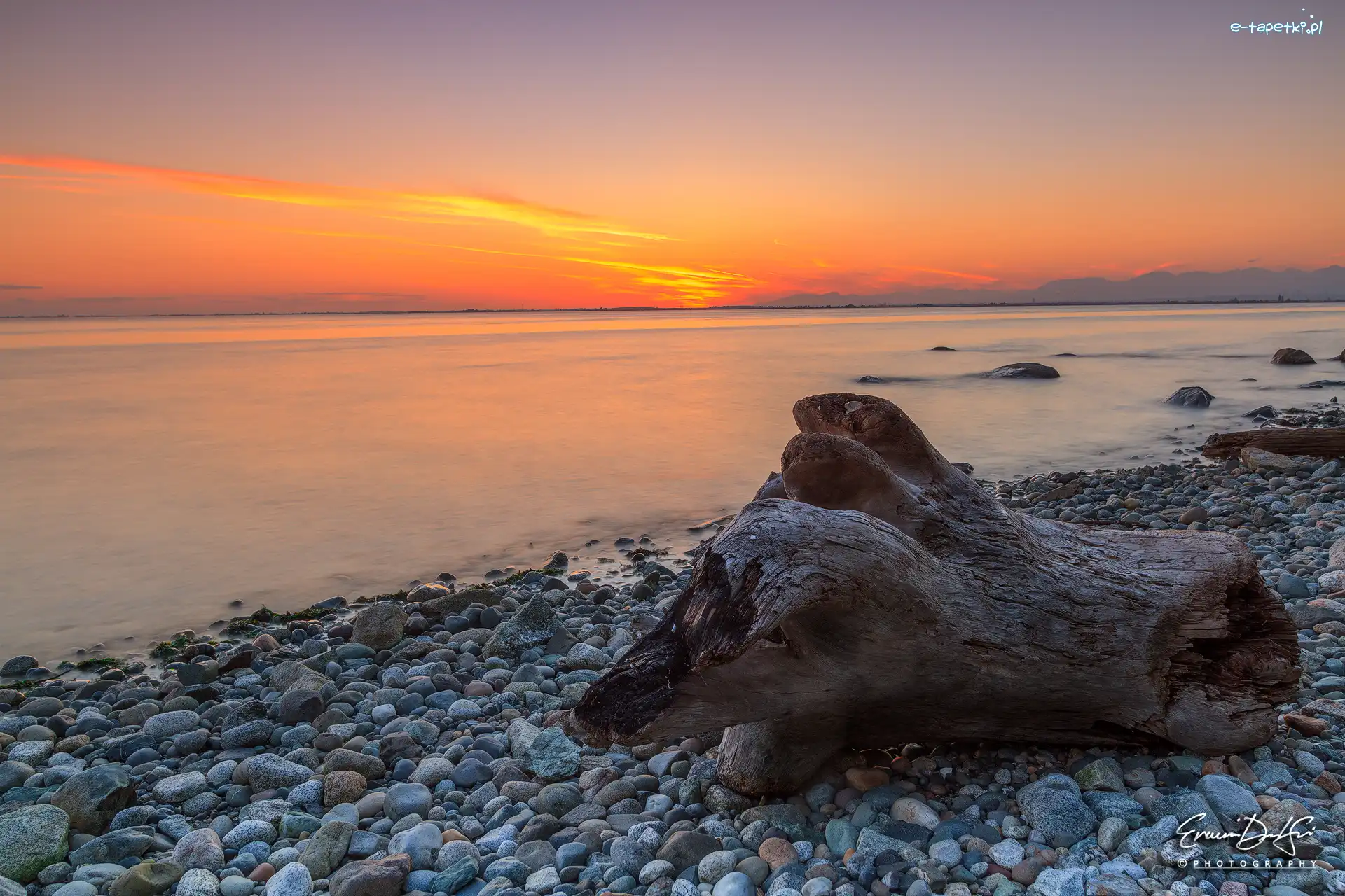 Zachód słońca, Brzeg, Morze, Pień, Kamienie