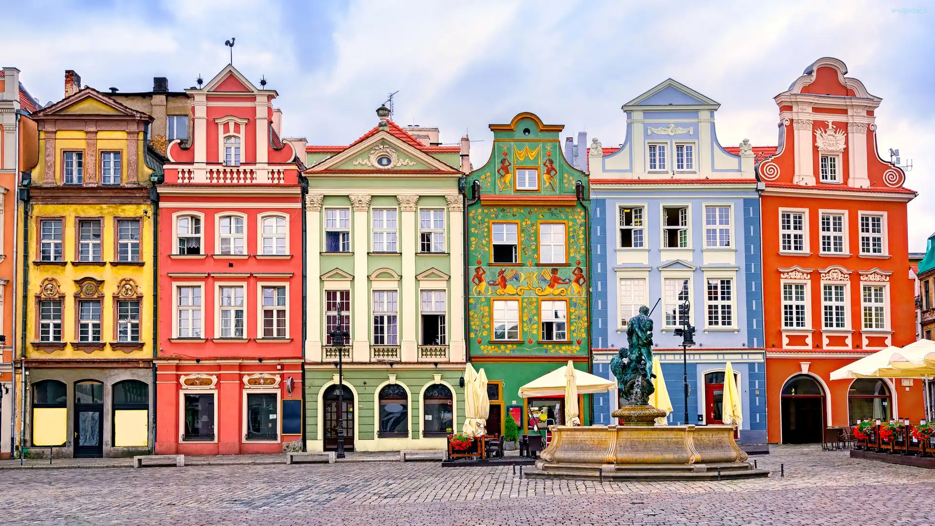 Fontanna, Rynek, Kamienice, Poznań, Polska, Pomnik, Domy