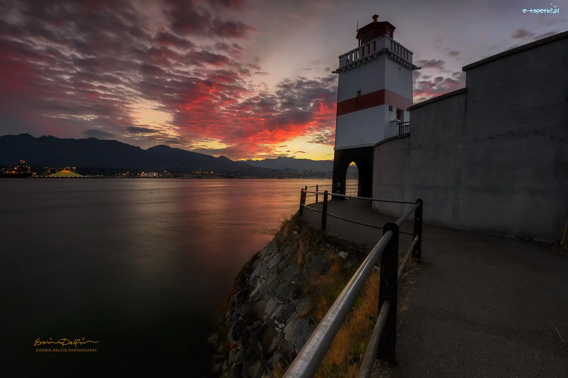Kanada, Morze, Latarnia morska Brockton Point, Zatoka, Wschód słońca, Vancouver, Stanley Park
