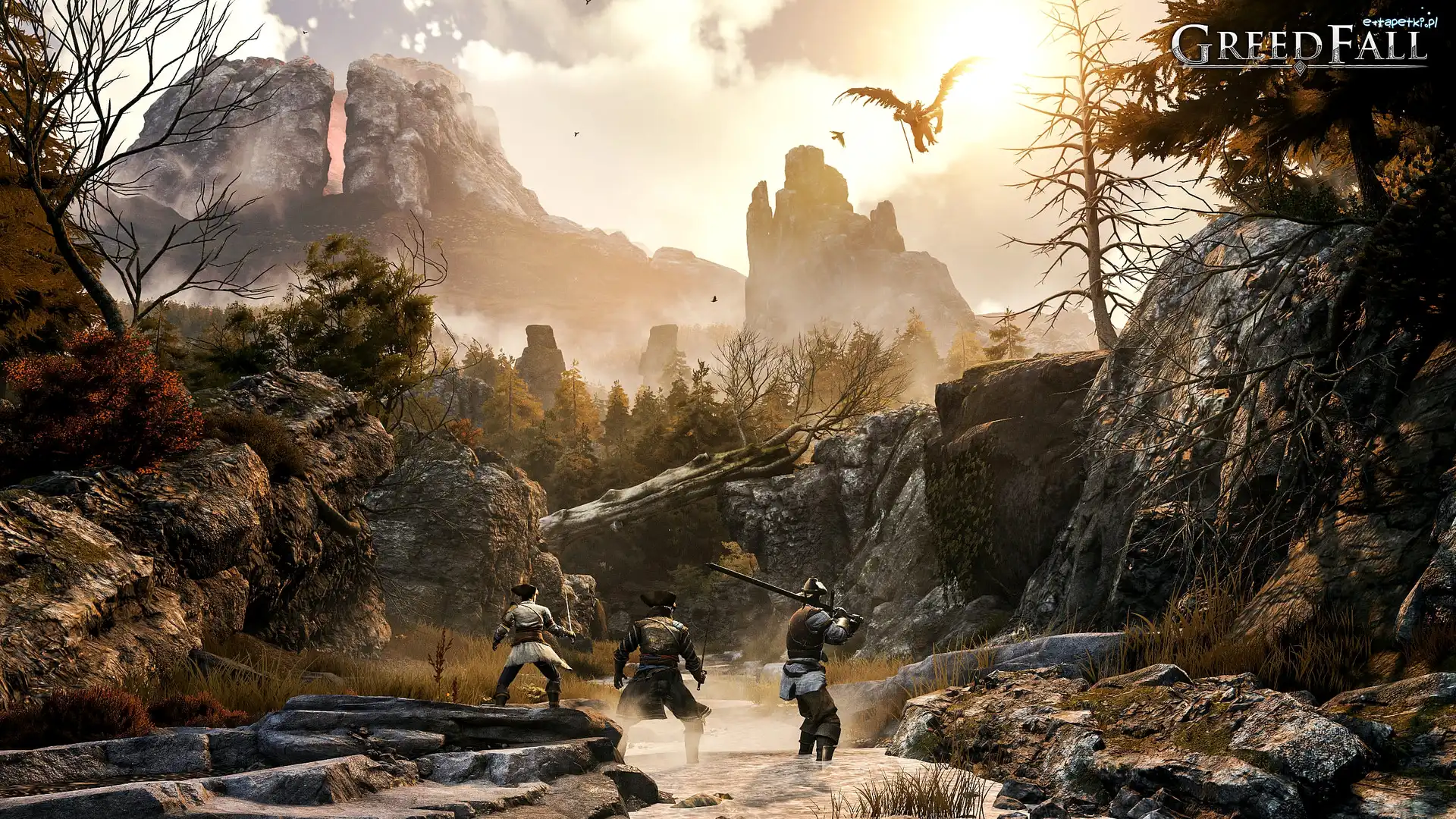 Walka, Skały, Rzeka, GreedFall, Gra, Postacie, Smok