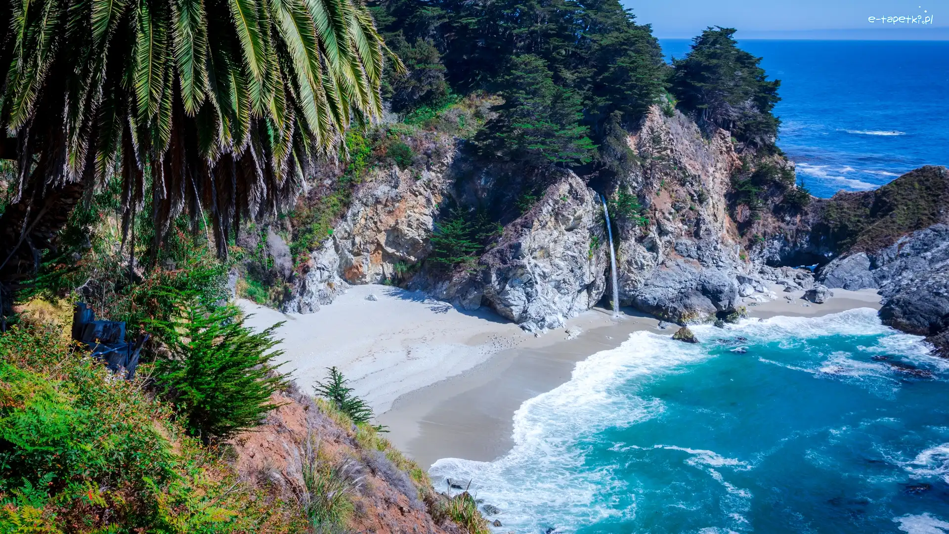 Wybrzeże, Stany Zjednoczone, Zatoka, Park stanowy Julii Pfeiffer Burns, Roślinność, Zatoczka McWay Cove, Morze, Drzewa, Wodospad McWay Falls, Kalifornia, Skały