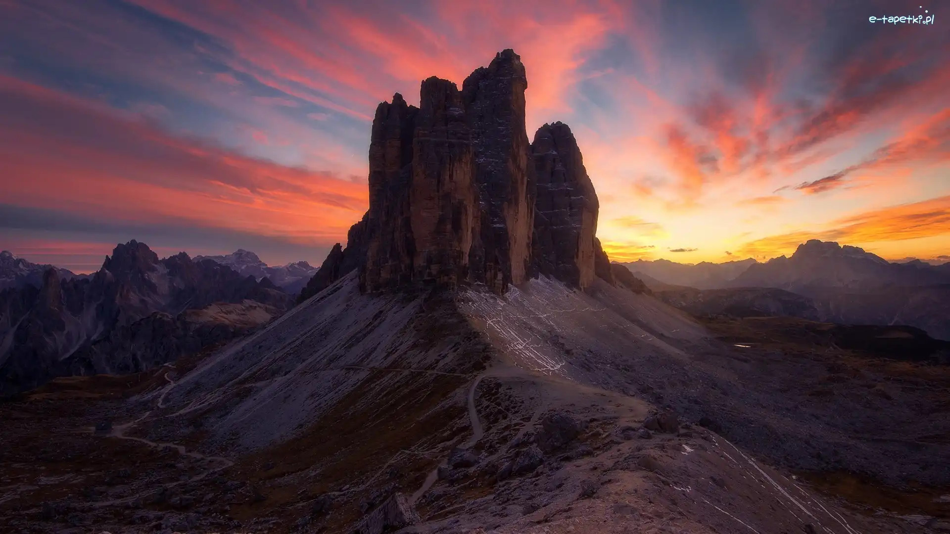 Tre Cime di Lavaredo, Góry, Masyw, Zachód słońca, Dolomity, Włochy