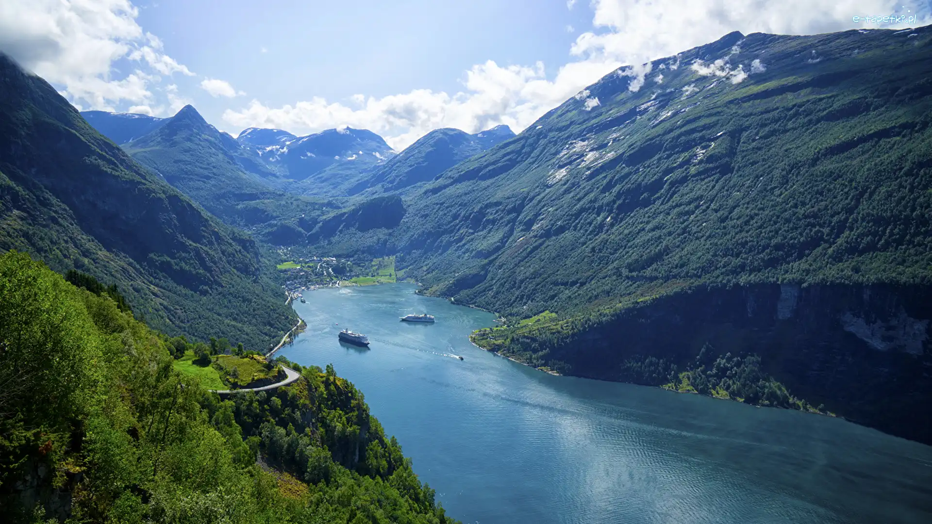 Drzewa, Statki, Lasy, Norwegia, Fiord Geirangerfjorden, Góry