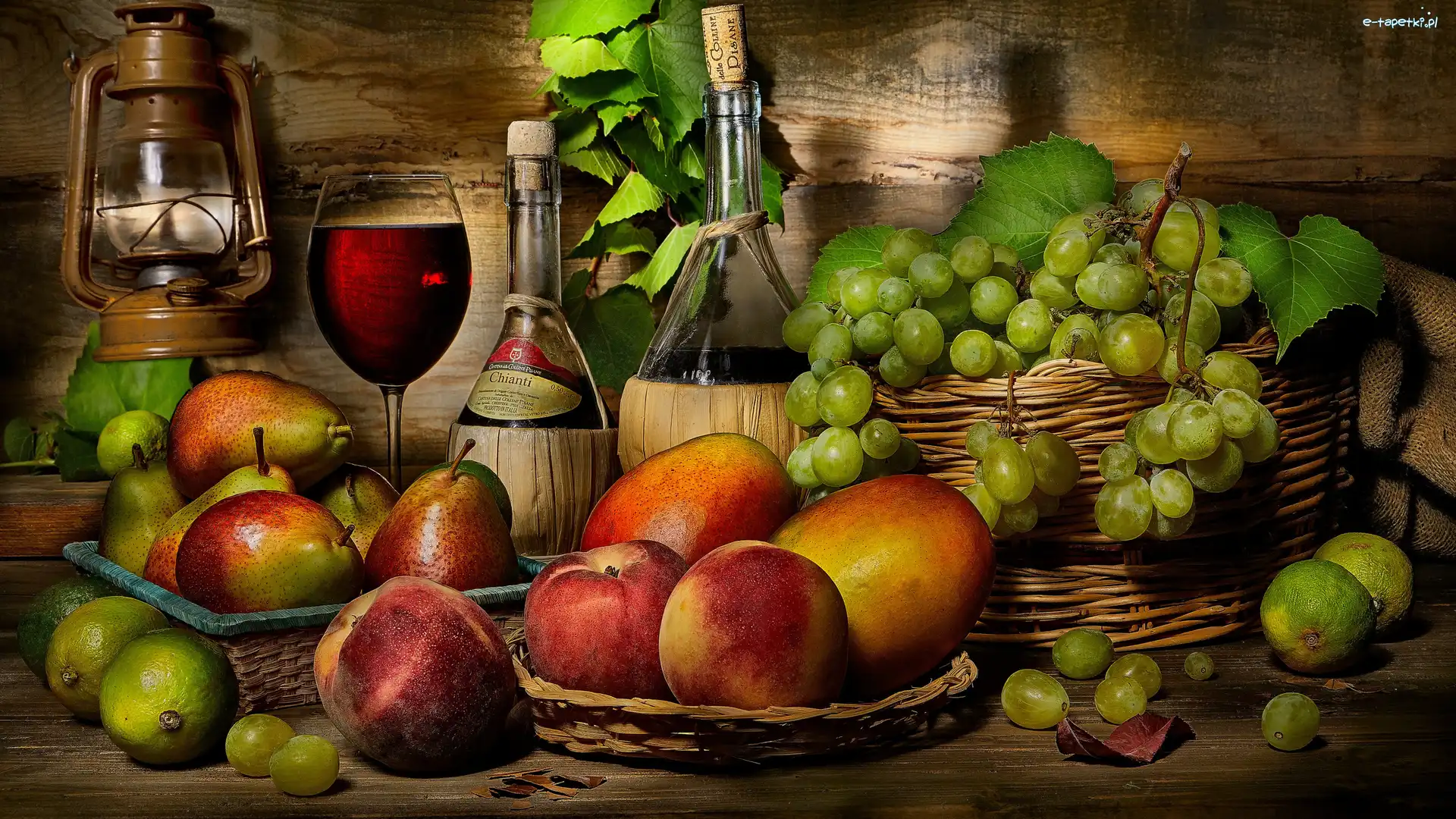 Gruszki, Brzoskwinie, Winogrona, Butelki, Lampa, Koszyk, Limonki, Kieliszek, Liście, Kompozycja, Mango, Wino