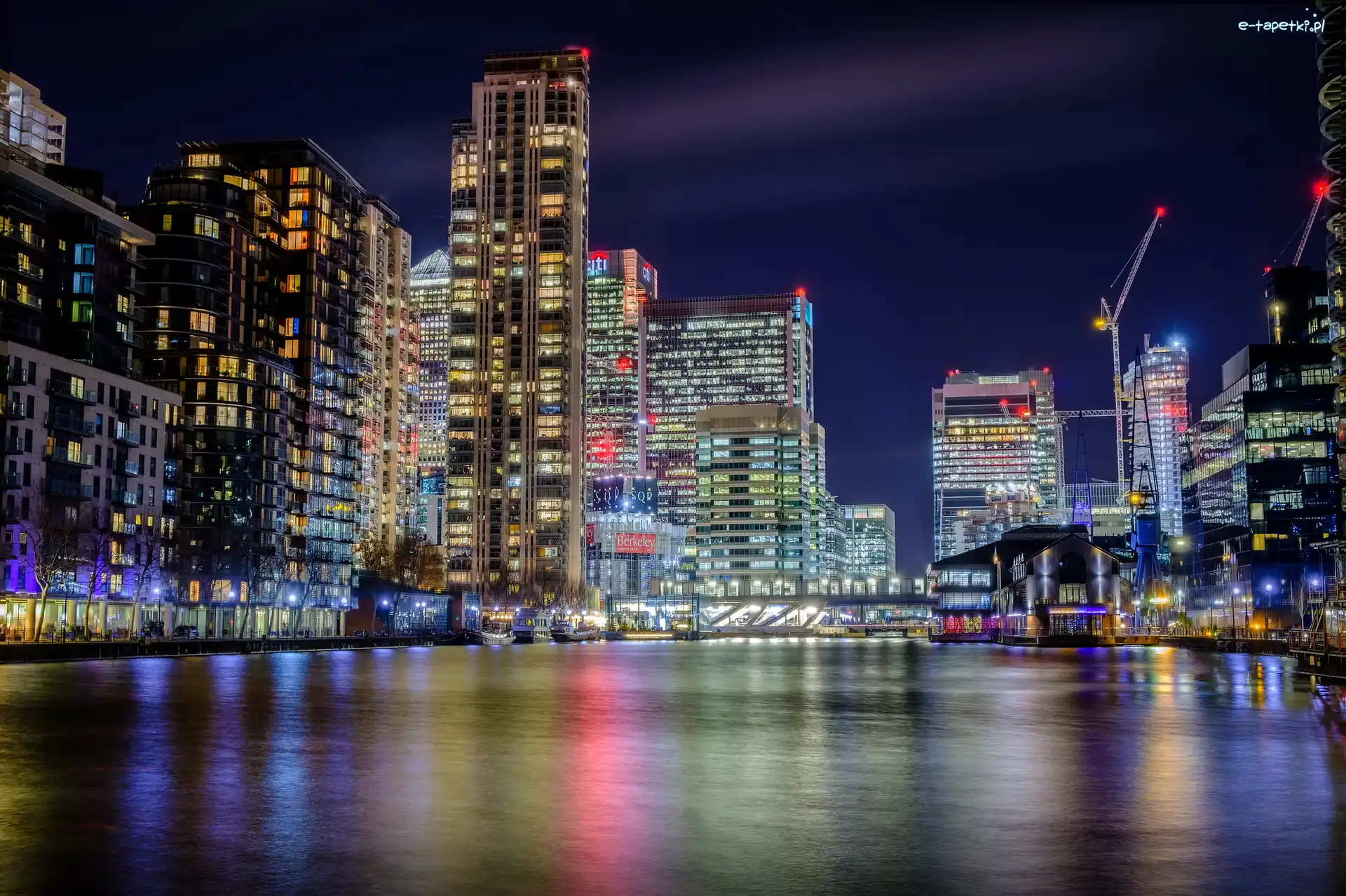 Dok, Domy, Anglia, Londyn, Miasto, Millwall Dock, Dzielnica Canary Wharf, Noc