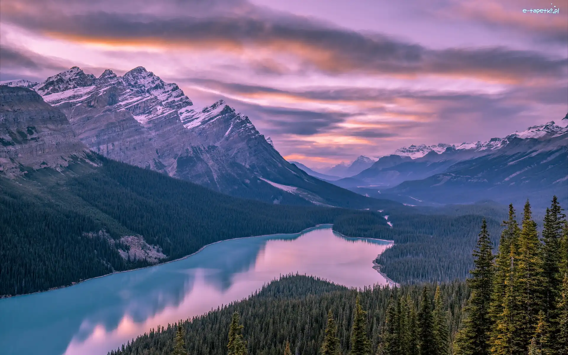 Kanada, Jezioro, Peyto Lake, Góry, Zachód słońca, Prowincja Alberta, Park Narodowy Banff