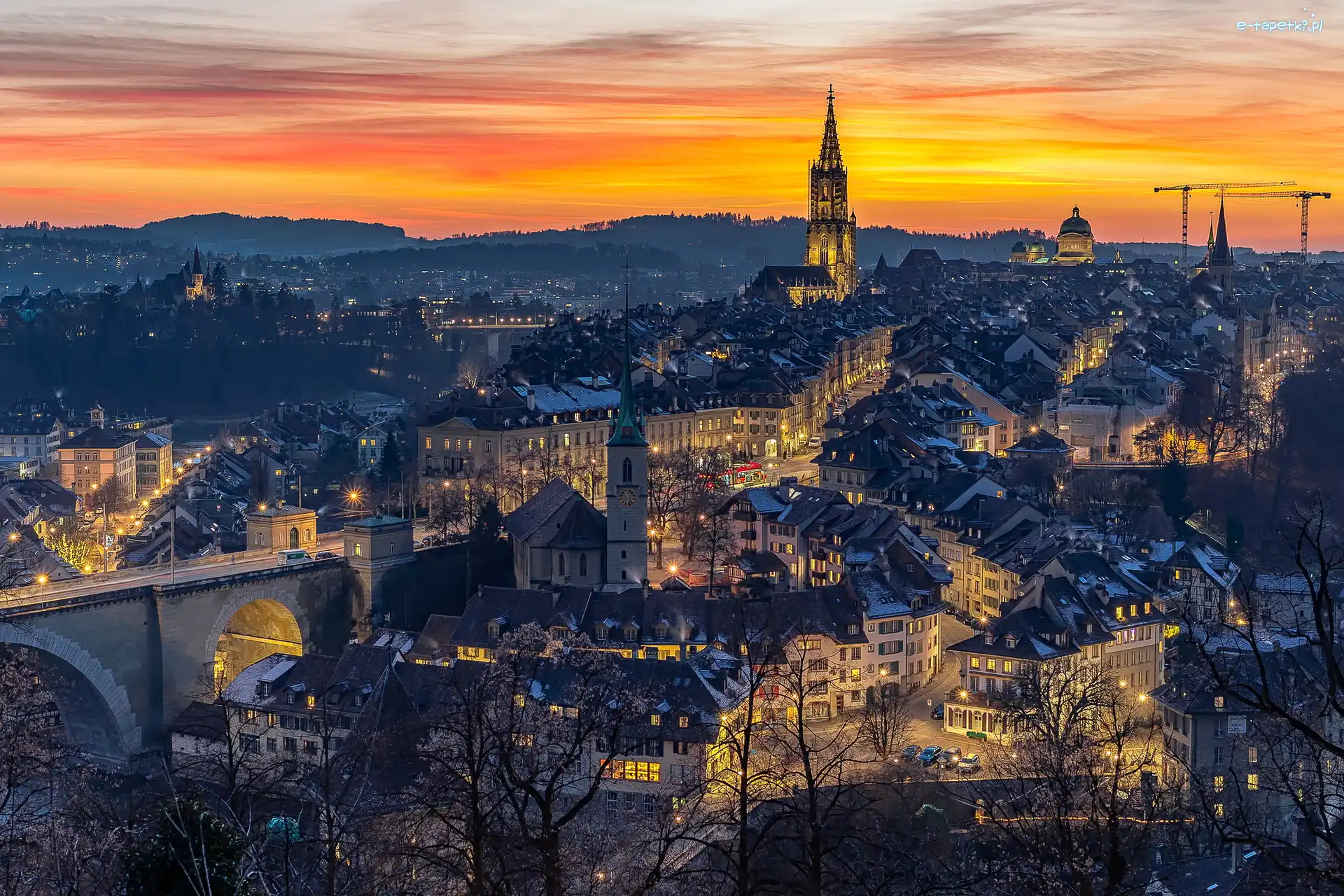 Berno, Domy, Wieczór, Szwajcaria, Kościół