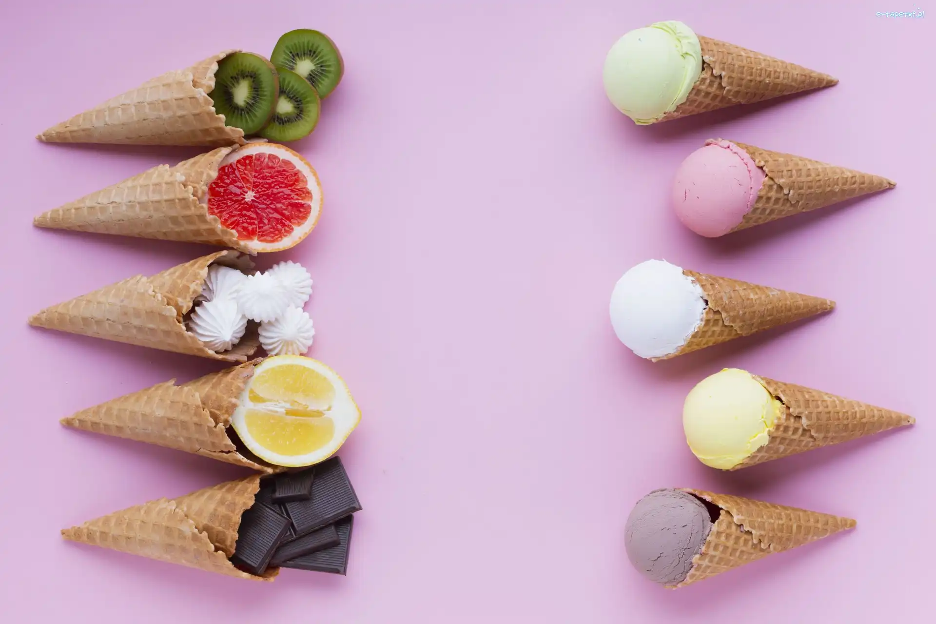 Lody, Rożki, Wafelki, Tło różowe, Owoce