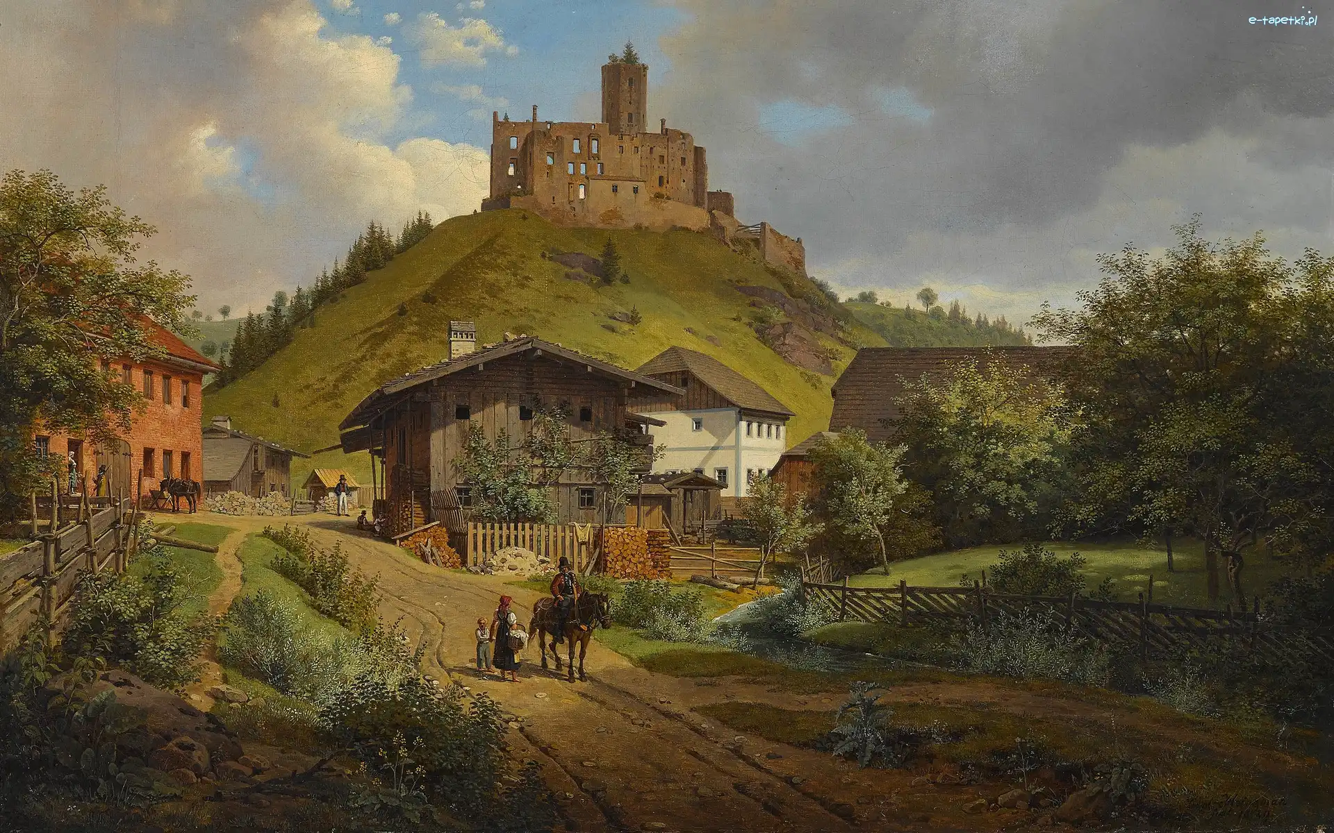 Zagroda, Wzgórze, Postacie, Hilgartsberg, Carl Friedrich Heinzmann, Ruiny, Domy, Obraz, Wieś, Zamek, Malarstwo