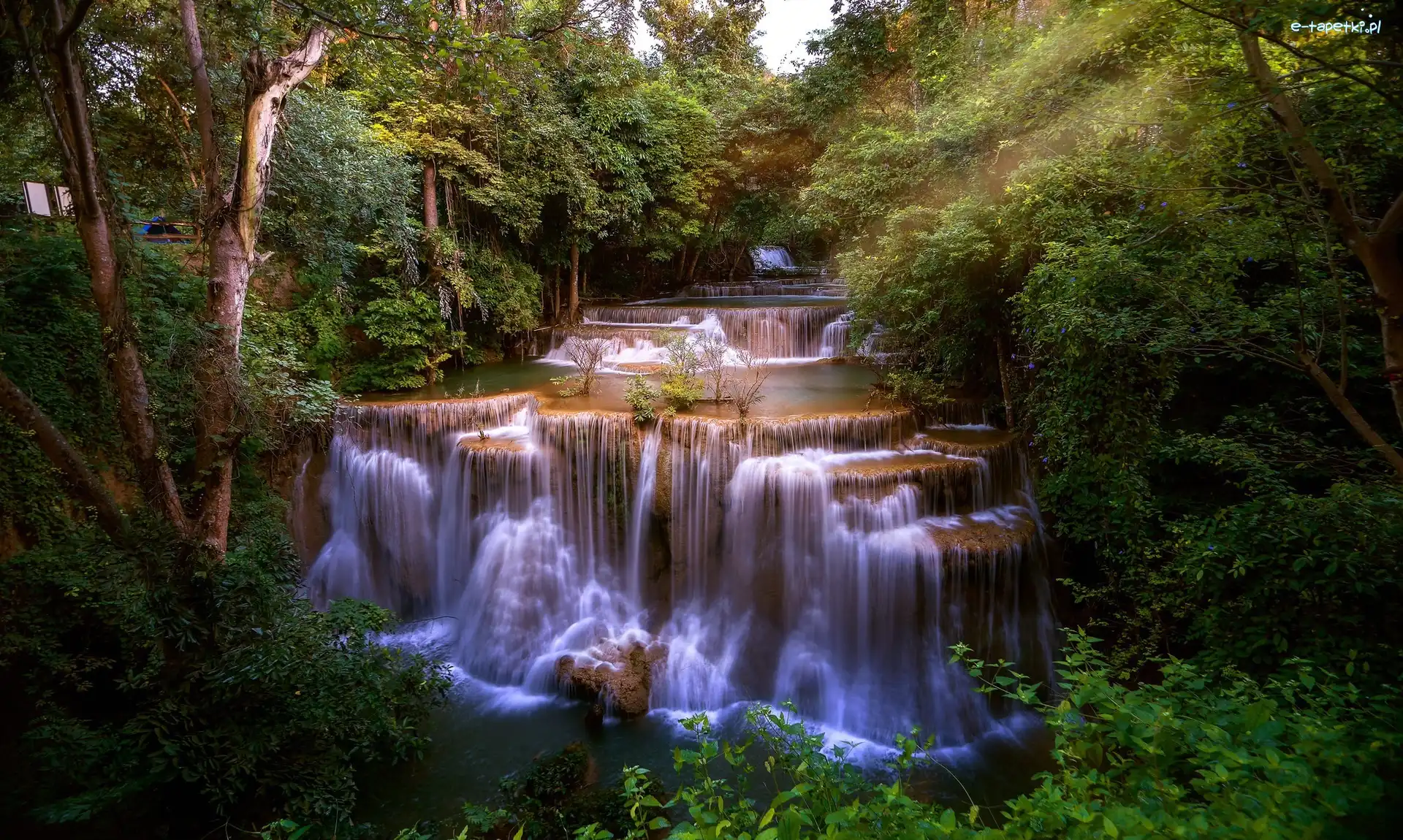 Wodospad Erawan, Drzewa, Kaskada, Tajlandia, Park Narodowy Erawan