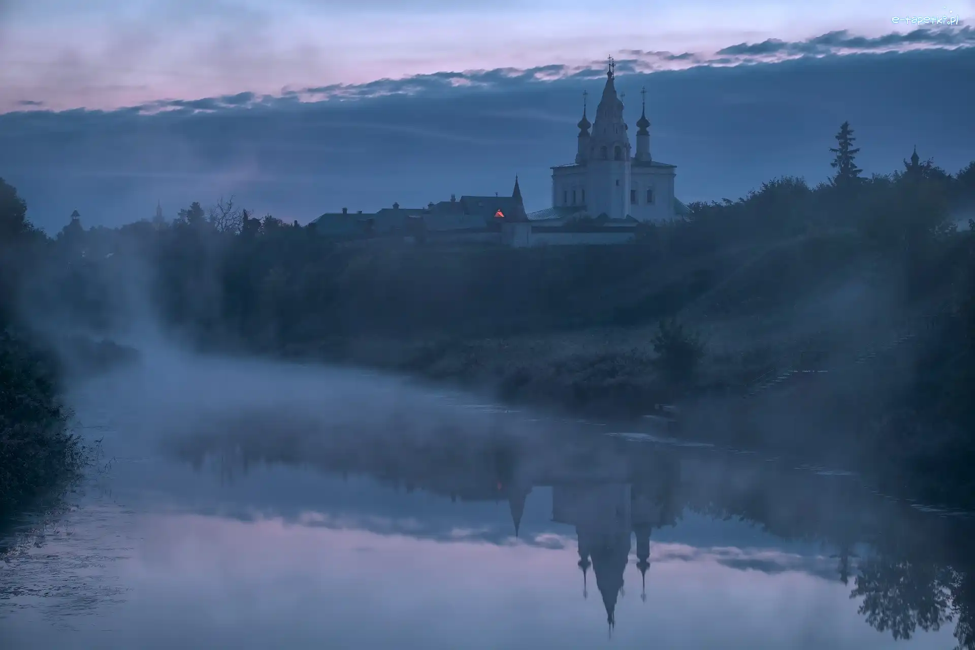 Rosja, Cerkiew, Świt, Mgła, Rzeka Kamienka, Obwód włodzimierski, Suzdal