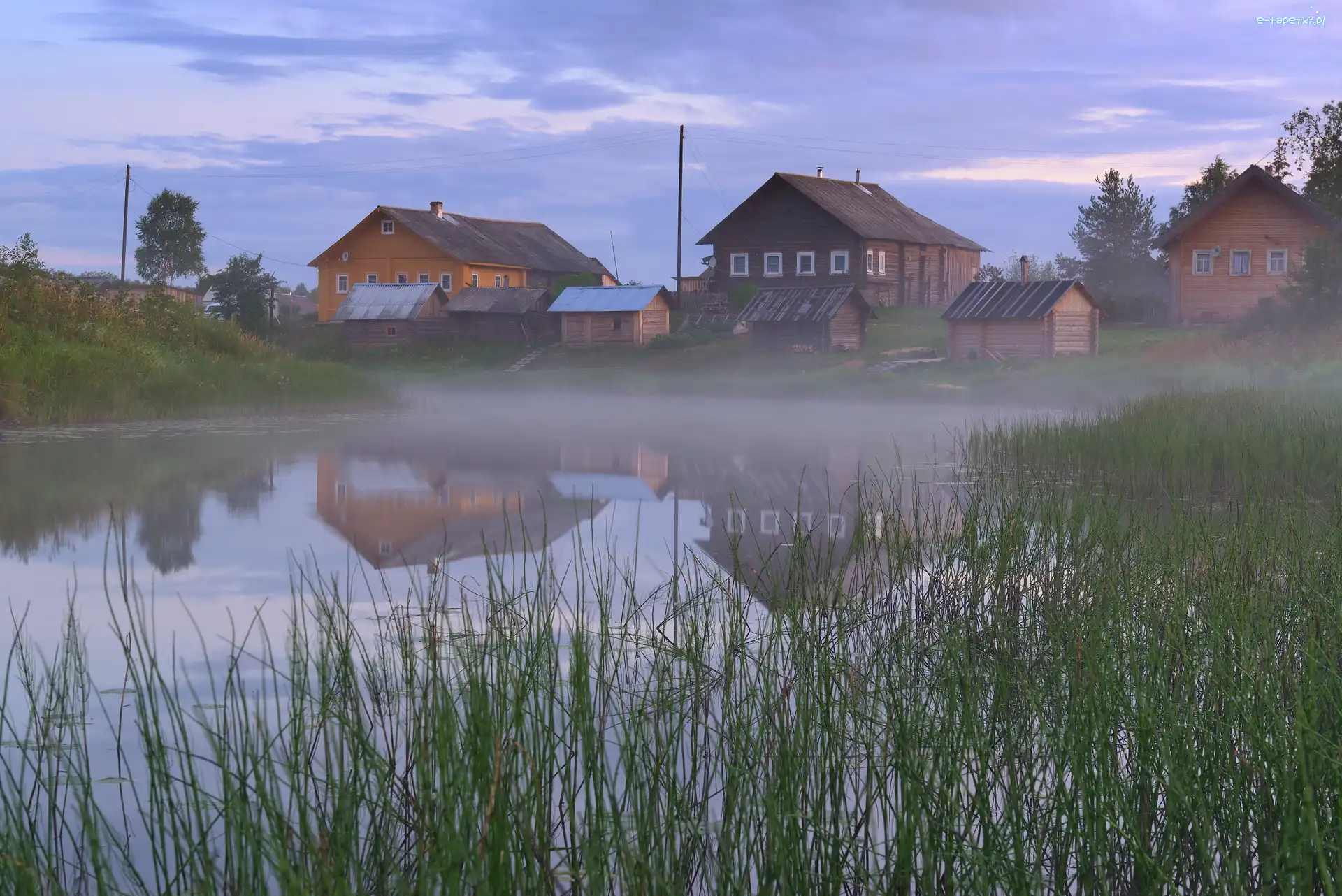 Wieś, Drewniane, Domy, Szuwary, Staw, Odbicie, Mgła