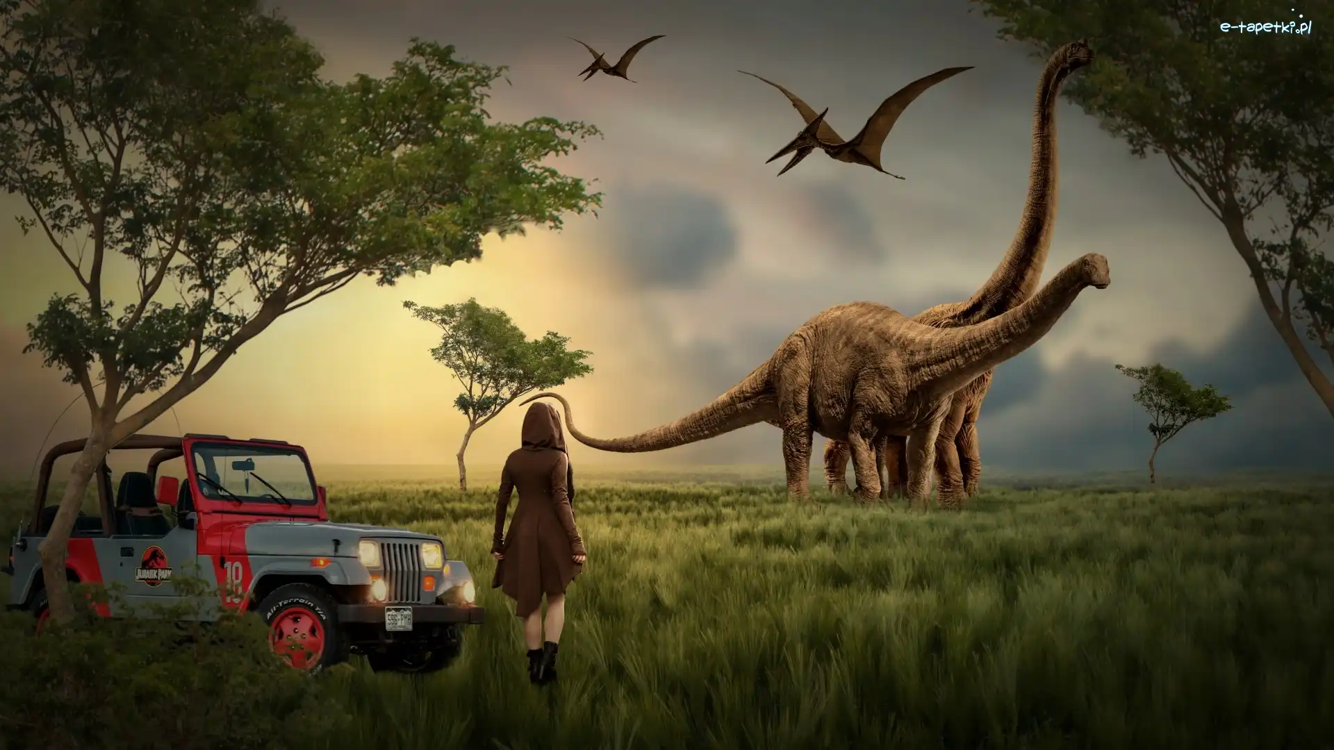 Trawy, Dziewczyna, Dinozaury, Wschód słońca, Grafika, Drzewa, Jeep