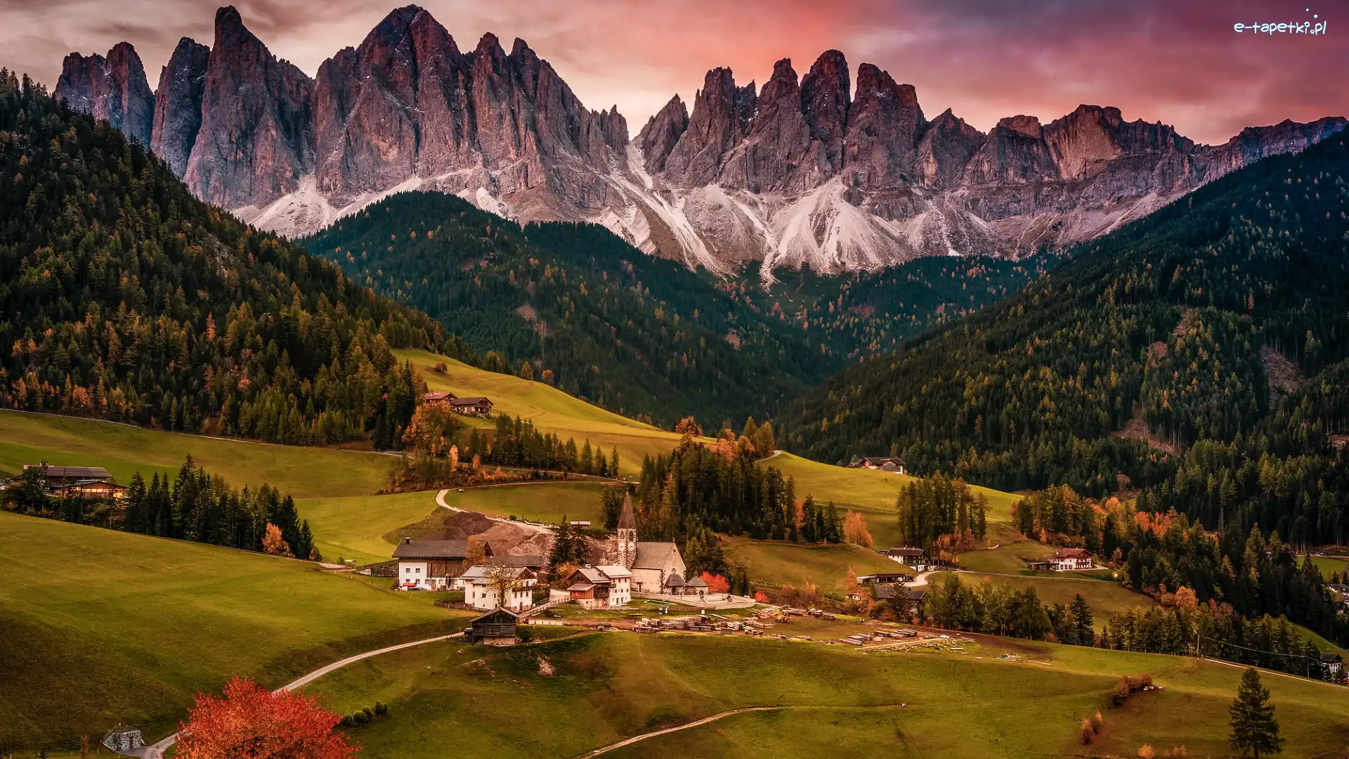 Domy, Wieś, Włochy, Lasy, Góry, Dolomity, Dolina Val di Funes, Wschód słońca, Santa Maddalena, Droga