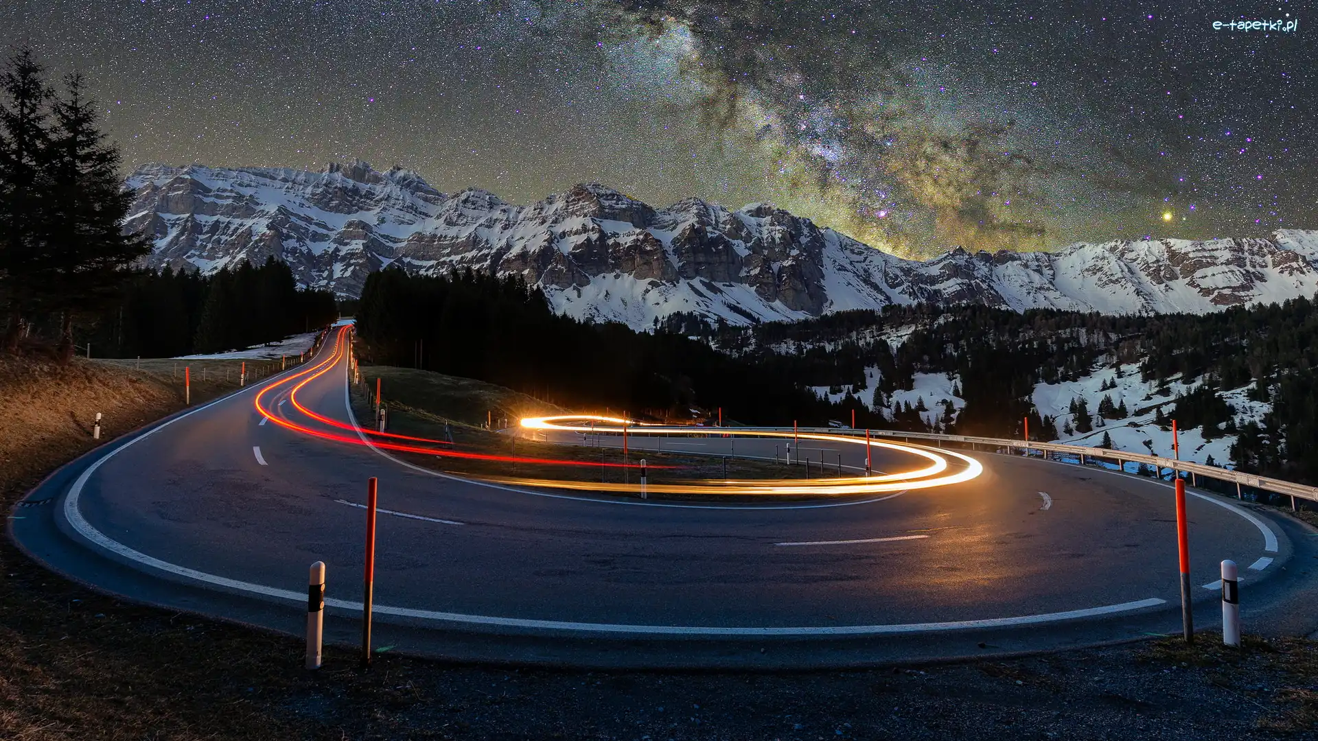 Zima, Góry, Schwagalp Pass, Noc, Galaktyka, Droga Mleczna, Alpy, Gwiazdy, Zakręt, Szwajcaria, Droga, Przełęcz