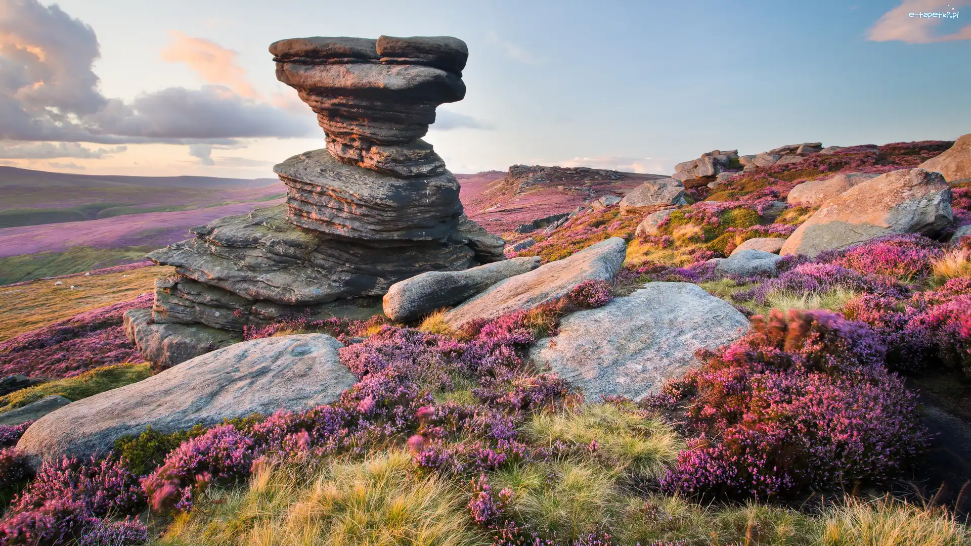 Kamienie, Wzgórze, Anglia, Hrabstwo Derbyshire, Skały, Park Narodowy Peak District, Formacja skalna Salt Cellar, Wrzosowisko