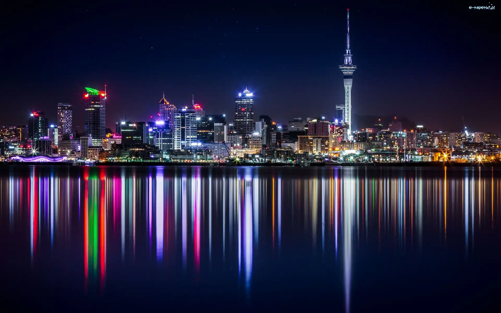 Budynki, Auckland, Noc, Morze, Miasto, Nowa Zelandia